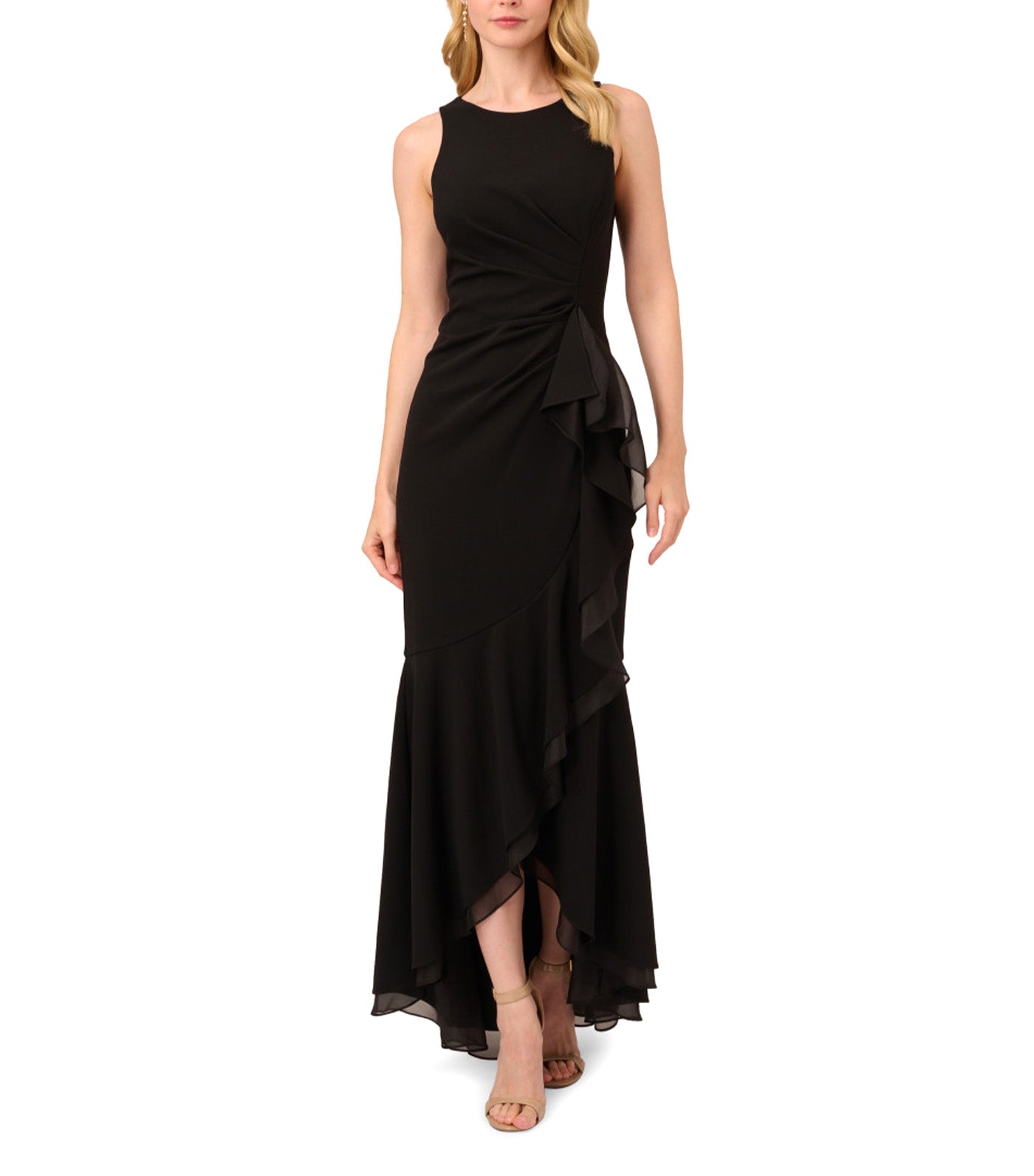 High Low Crepe Halter Gown with Organza Draping Black