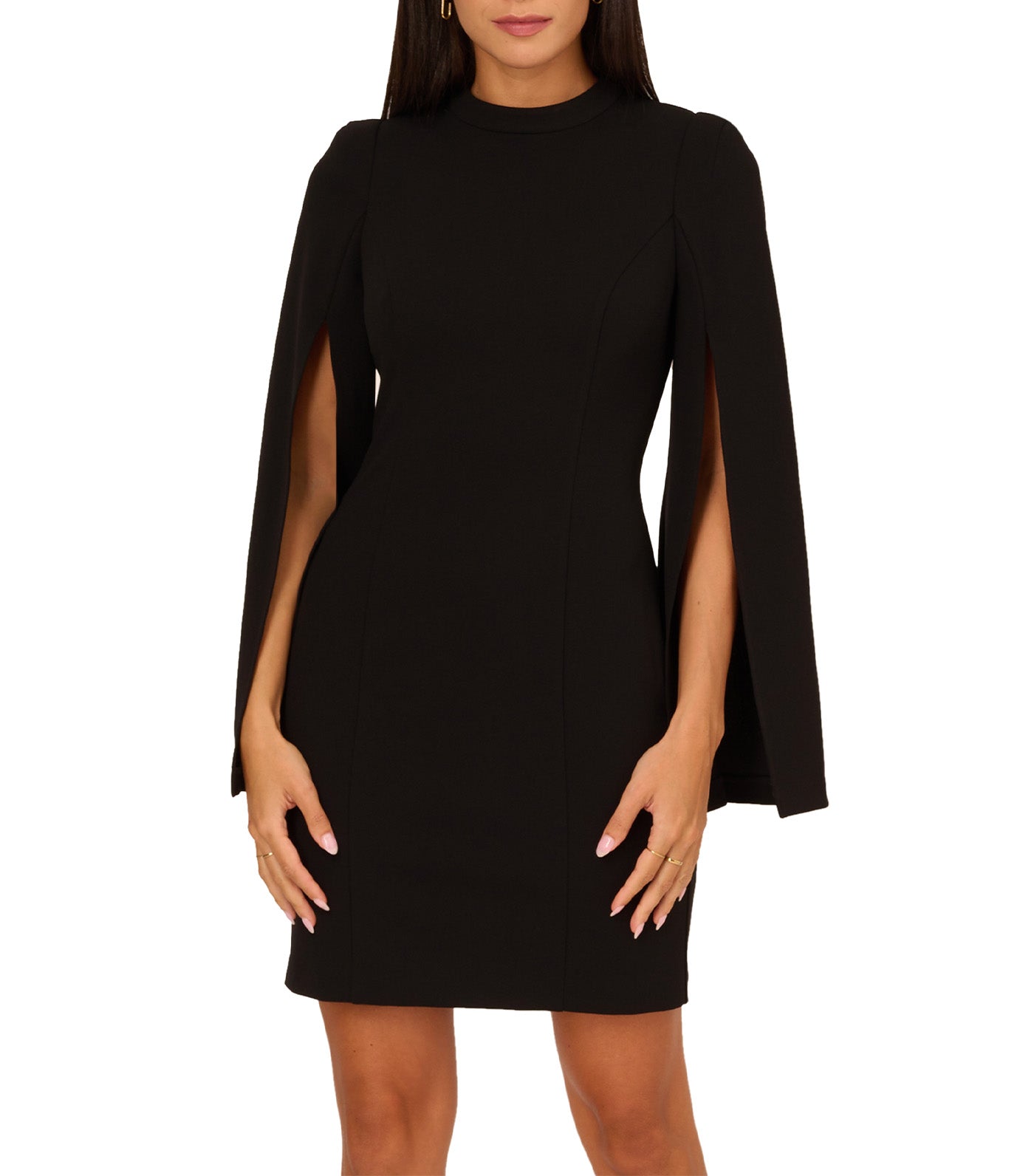 Crepe Mini Dress with Split Long Sleeves Black
