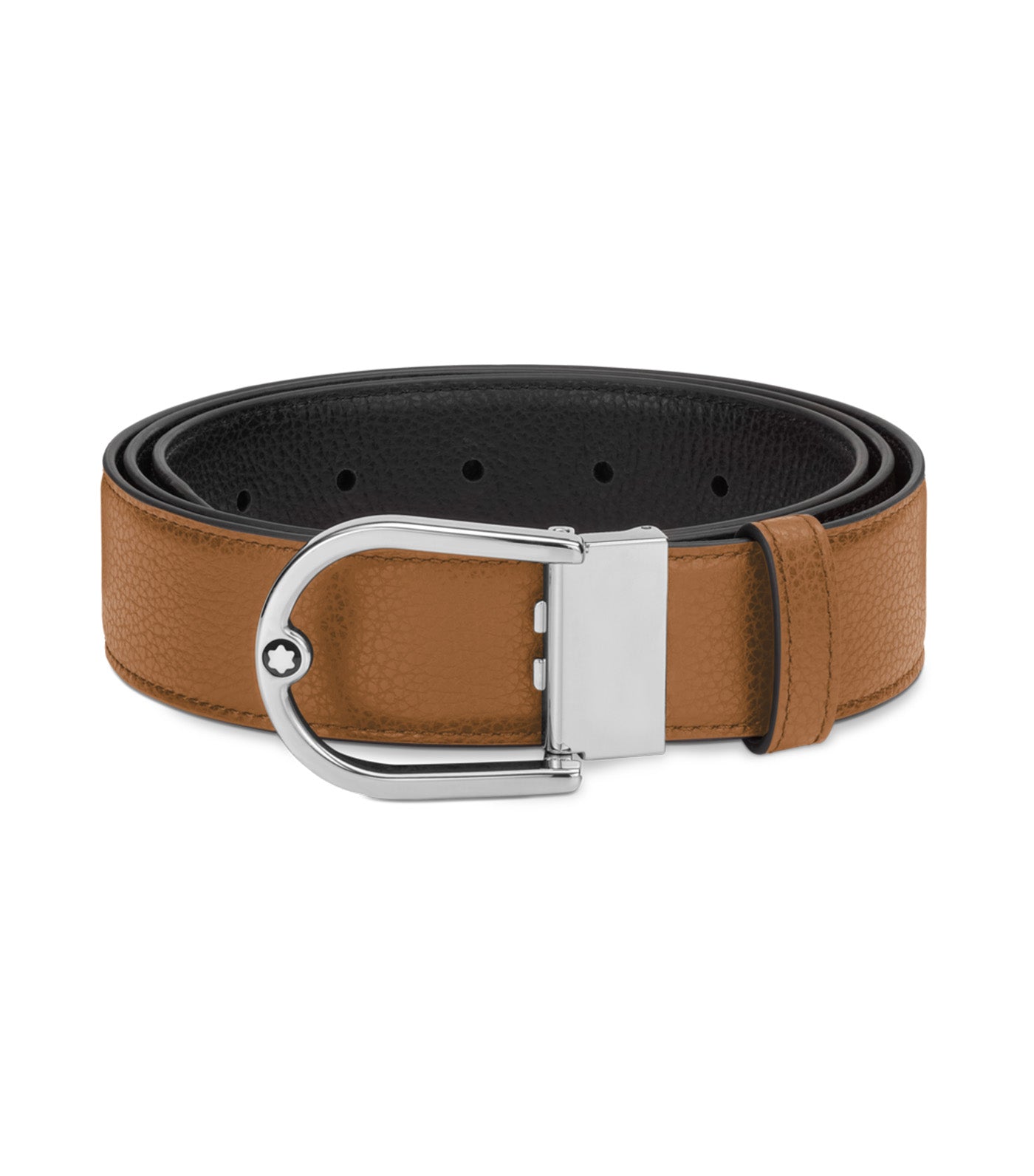 Horseshoe Buckle Grainy 35mm Reversible Leather Belt Caramel/Black