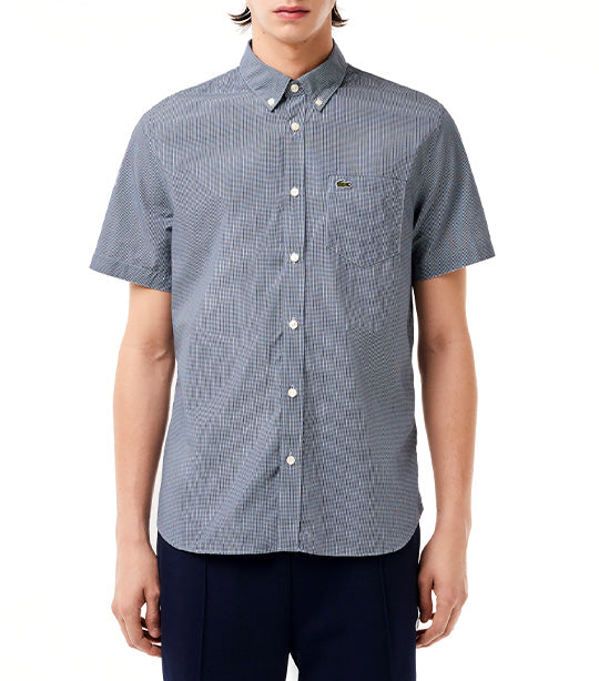 Short Sleeved Regular Fit Gingham Print Shirt White/Navy Blue