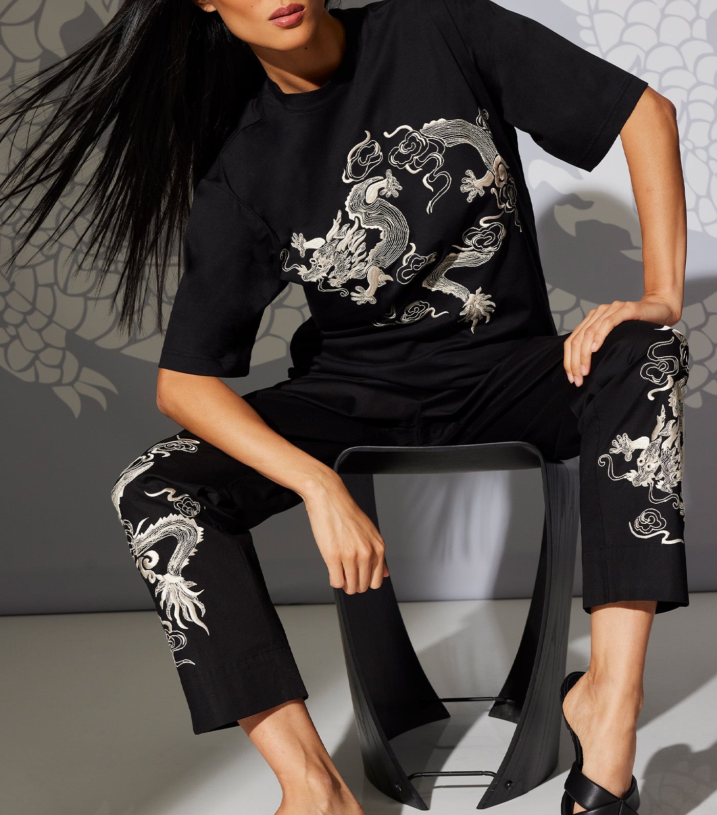 Dragon Techno Poplin Pants with Embroidery Black