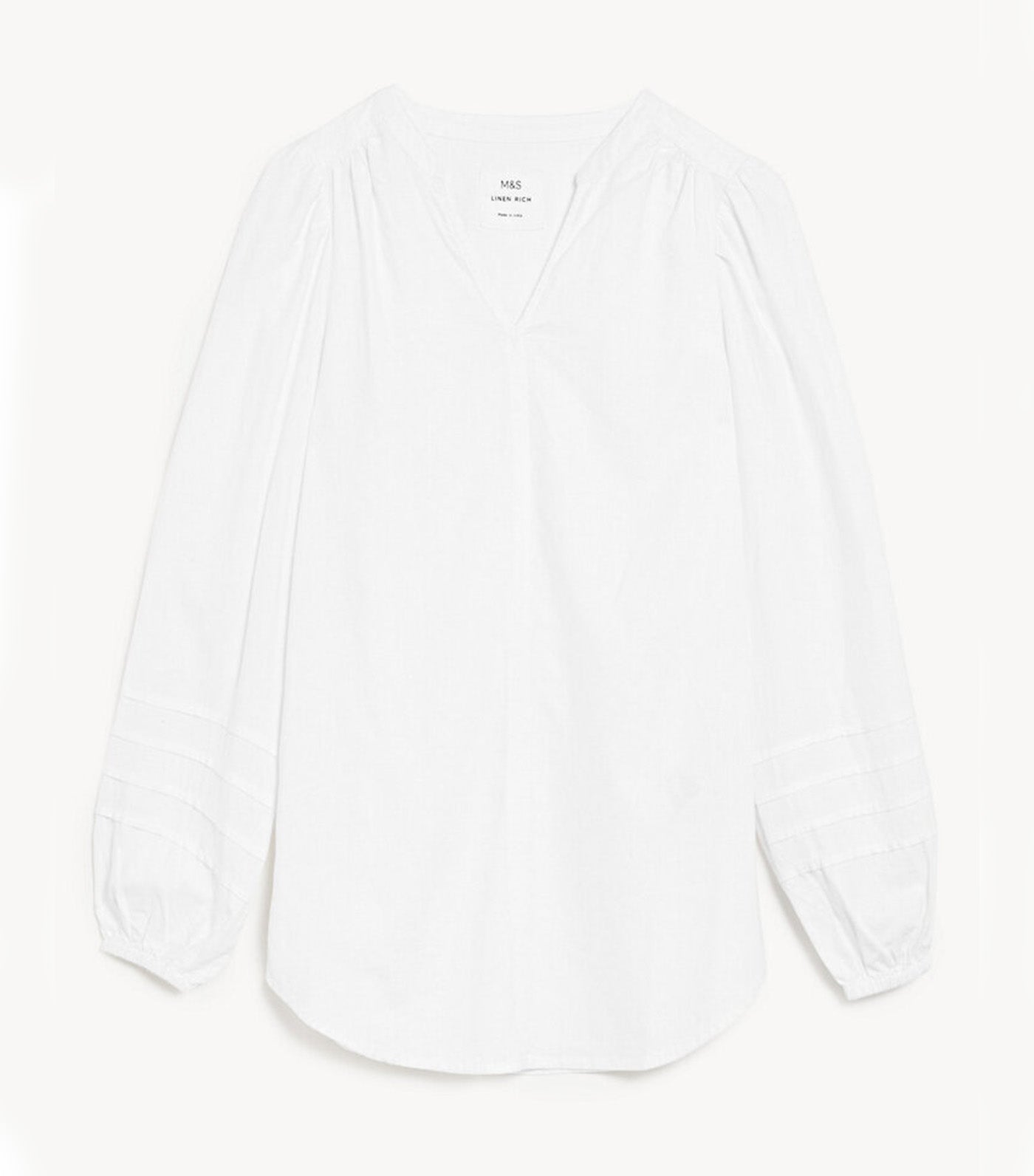 Linen Rich V-Neck Blouson Sleeve Blouse White