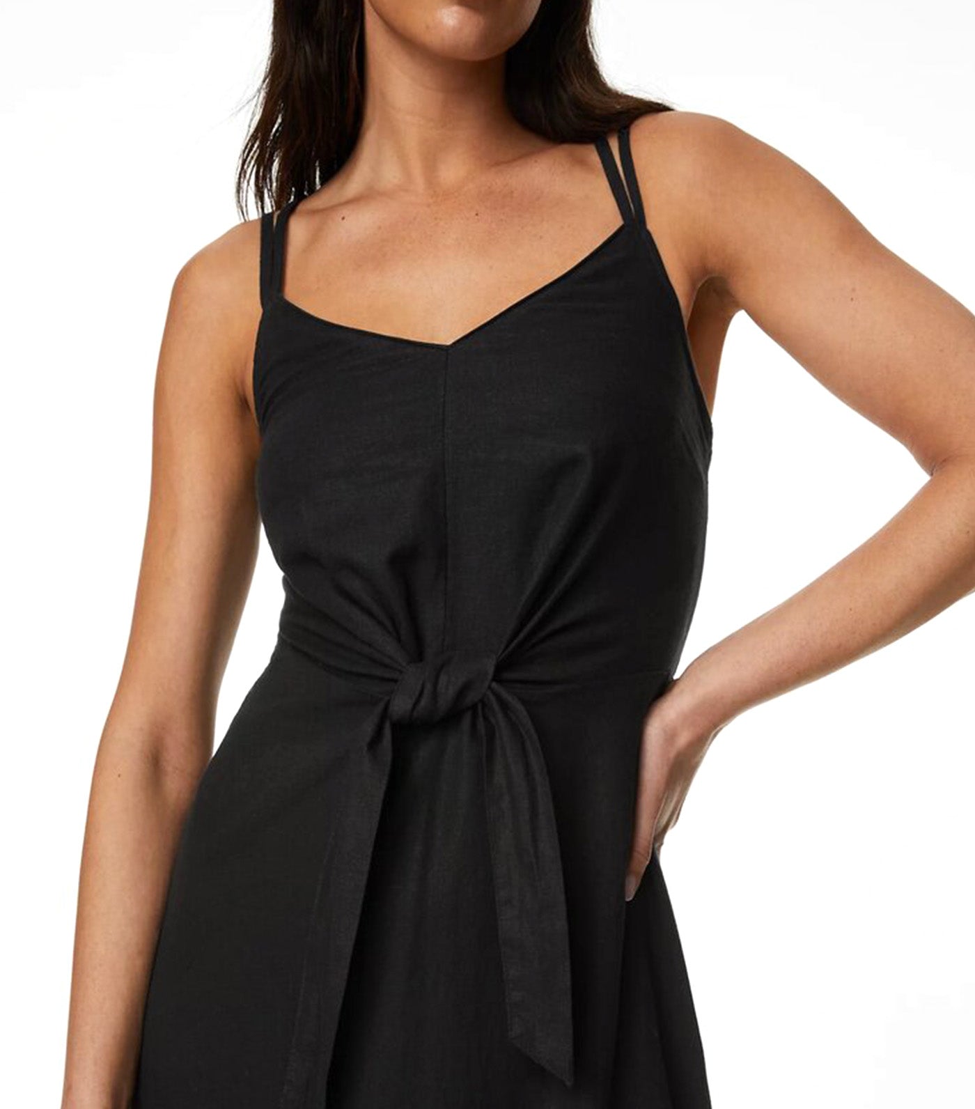 Linen Rich V-Neck Midi Waisted Dress Black