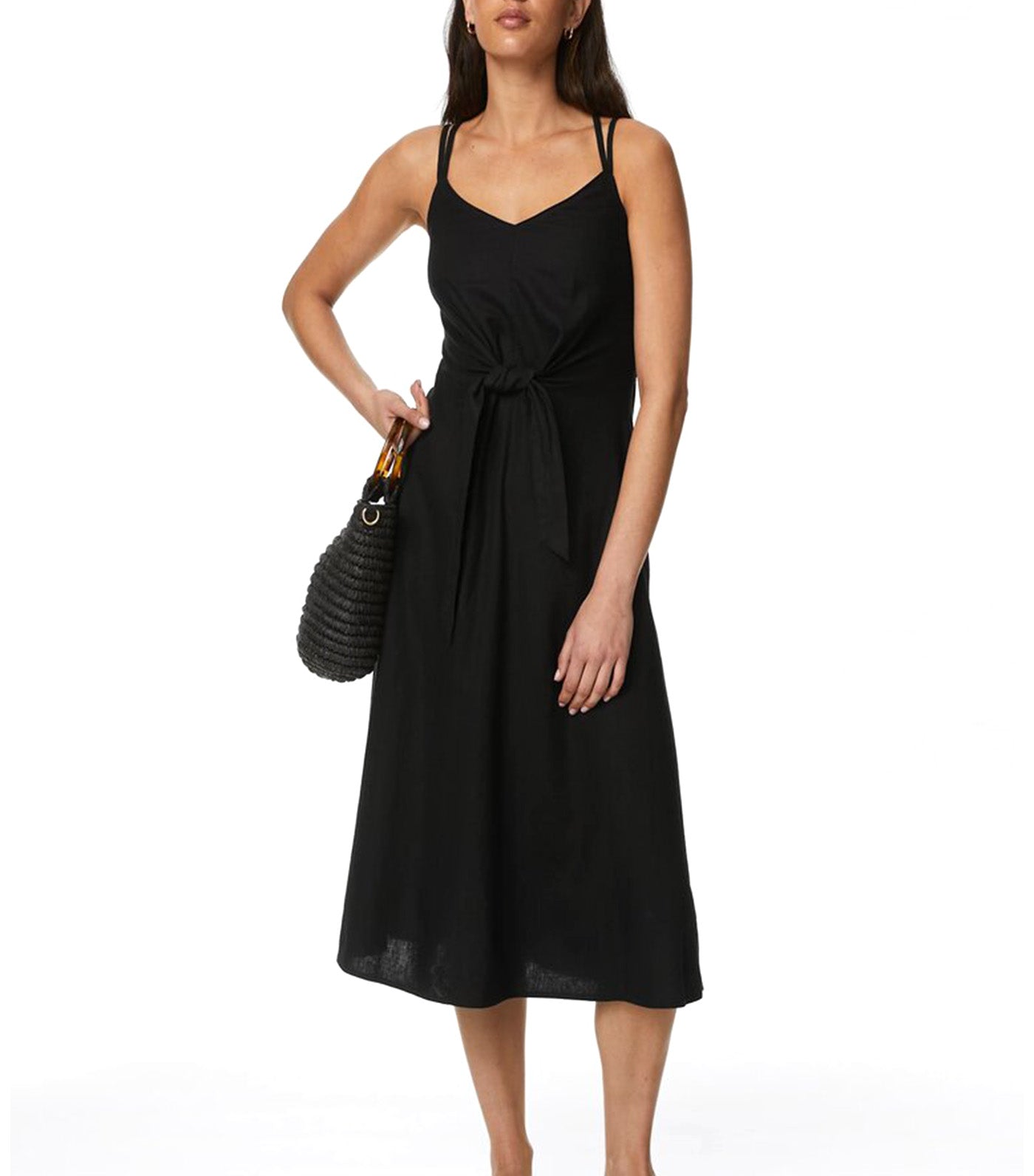 Linen Rich V-Neck Midi Waisted Dress Black