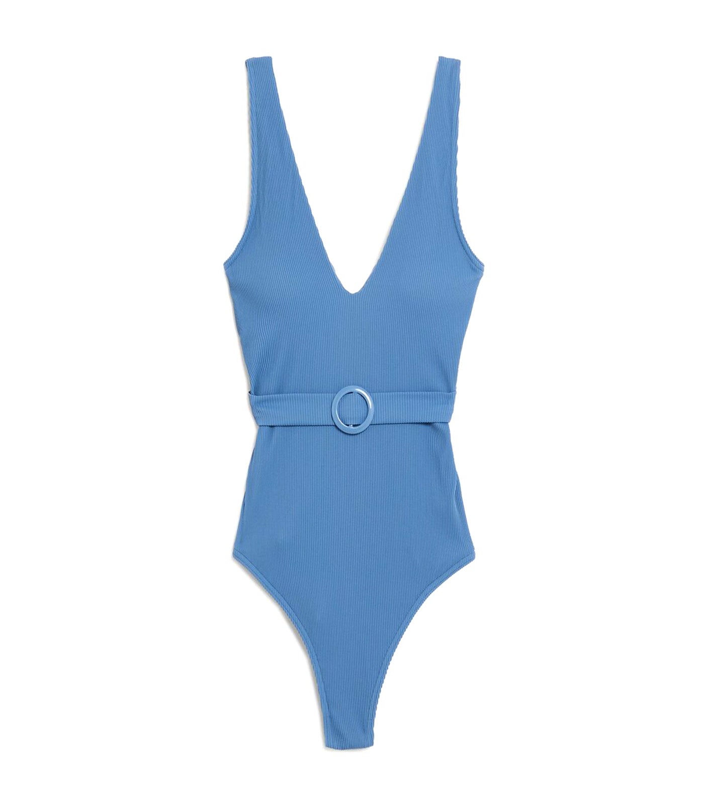 Ribbed Padded Belted Plunge Swimsuit Ocean