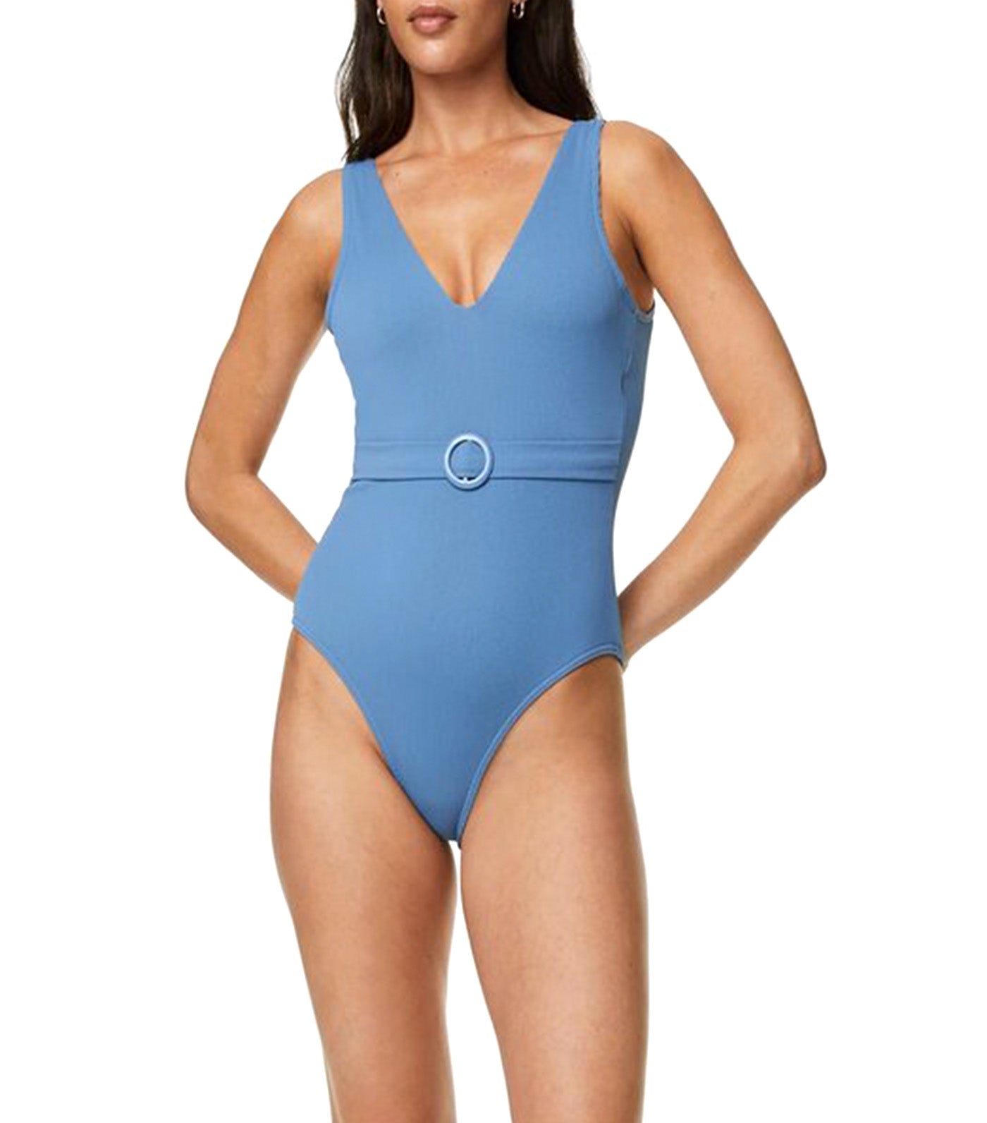 Ribbed Padded Belted Plunge Swimsuit Ocean