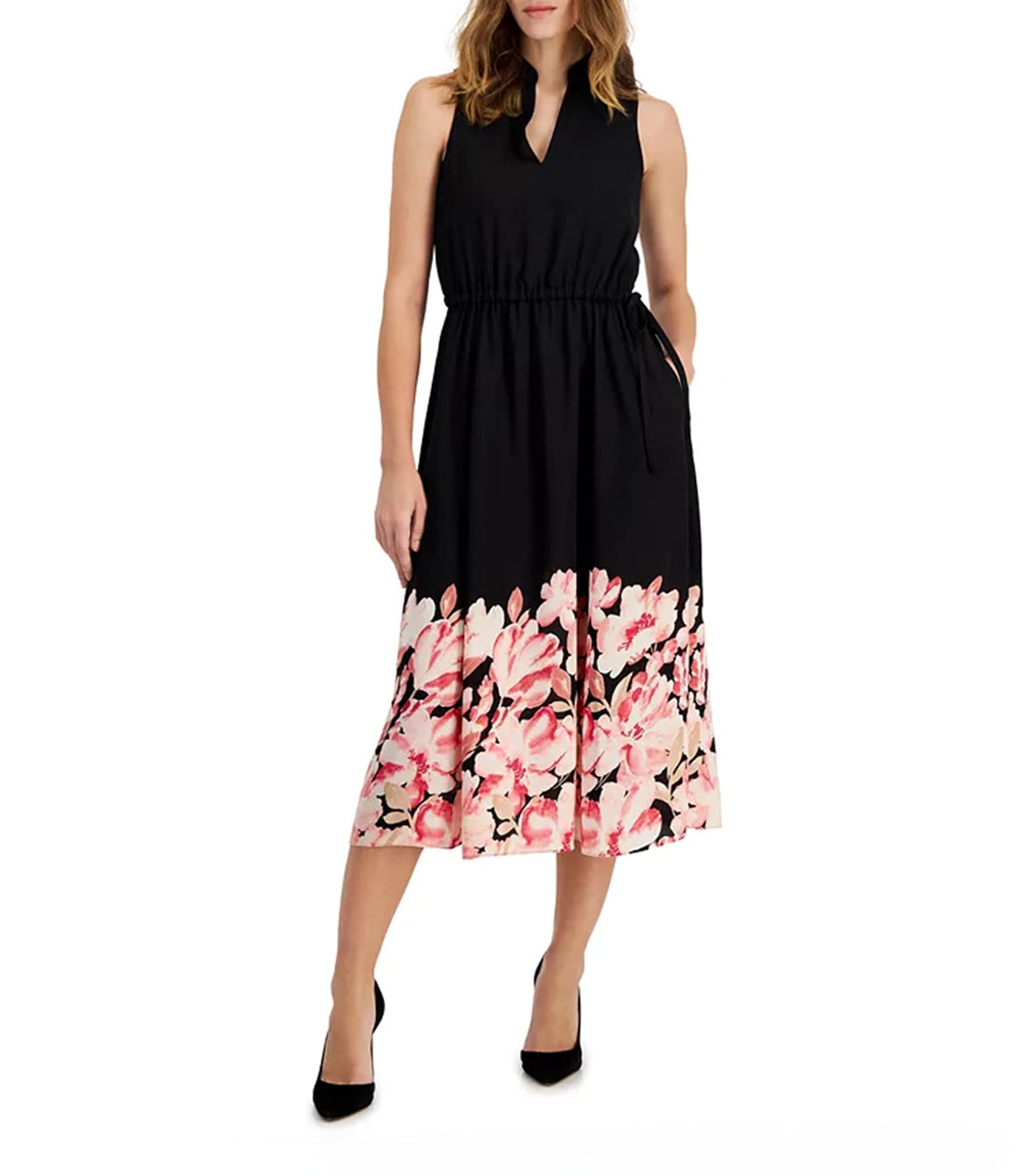 Jenna Floral Hem Drawstring Waist Midi Dress Anne Black/Camellia Multi