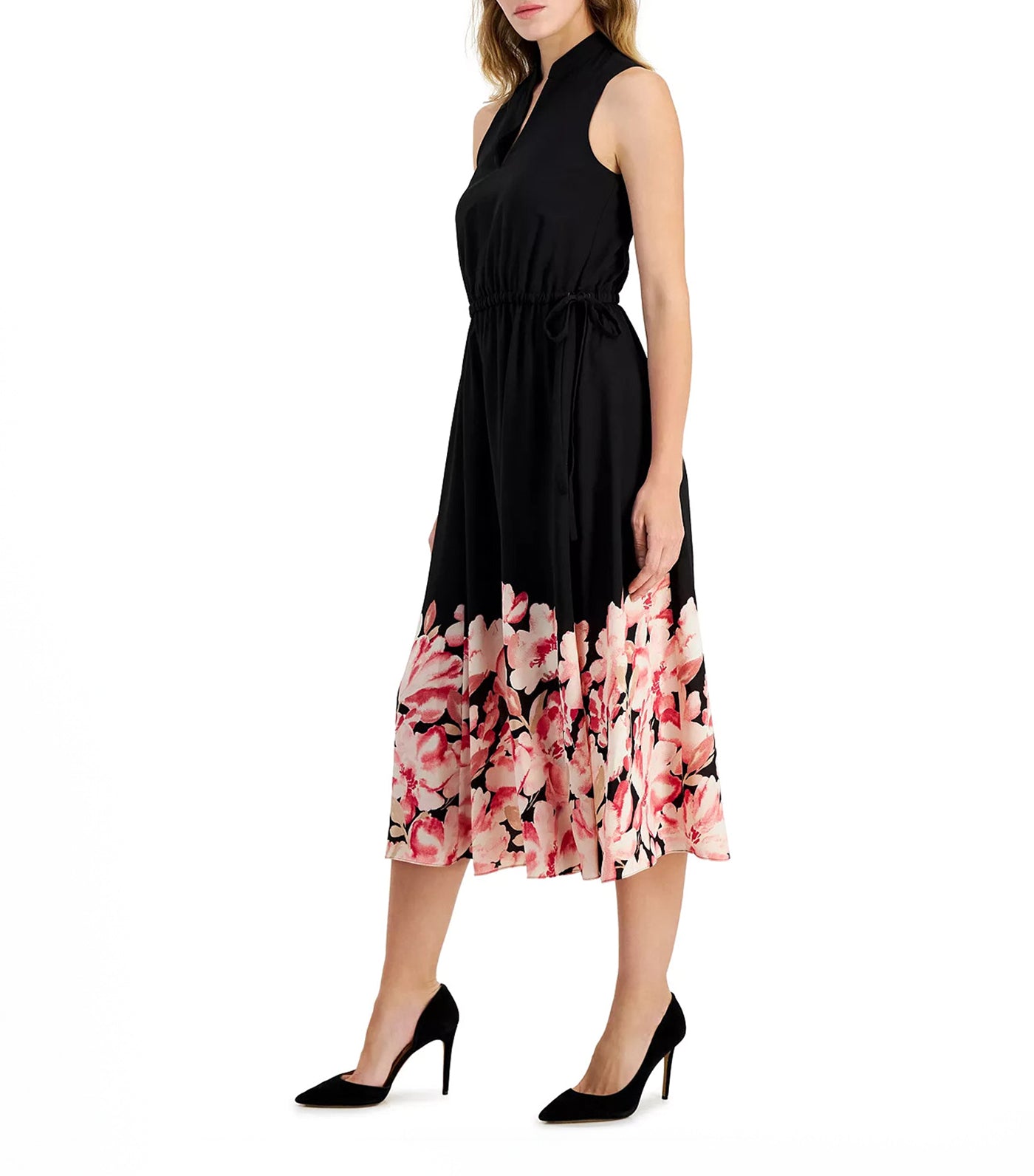 Jenna Floral Hem Drawstring Waist Midi Dress Anne Black/Camellia Multi