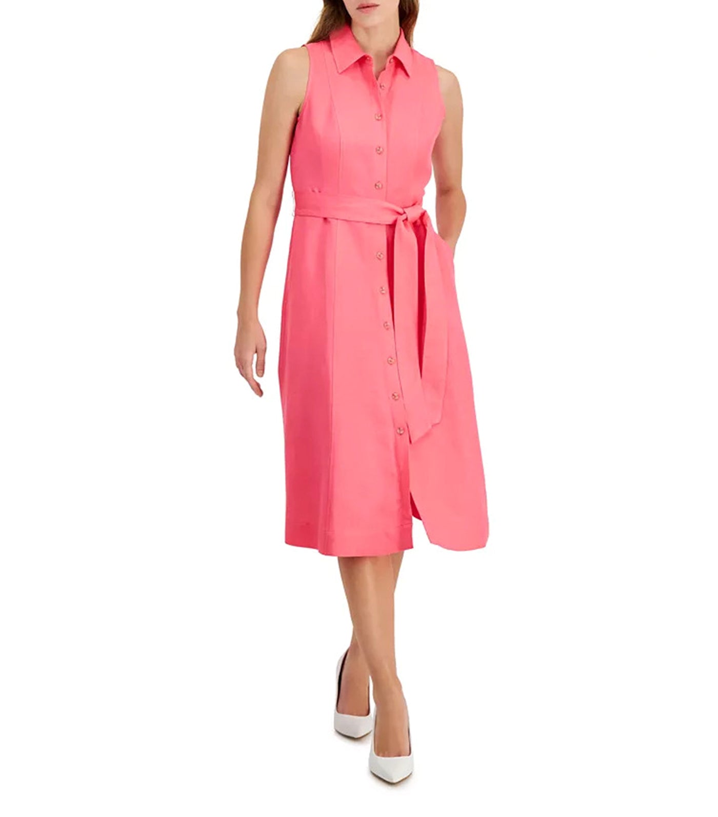 Sleeveless Belted Shirt Dress Camellia