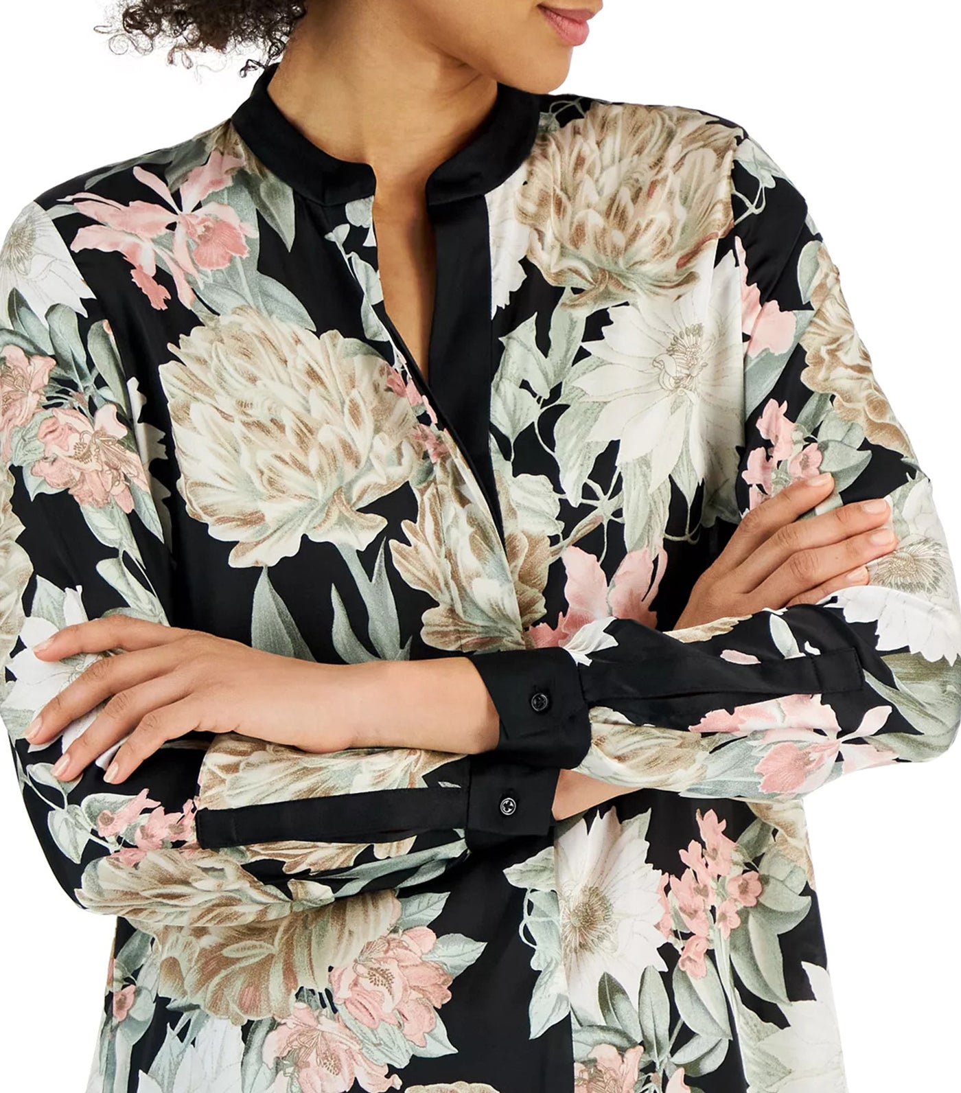 Floral Long-Sleeve Nehru Tunic Black/Crema