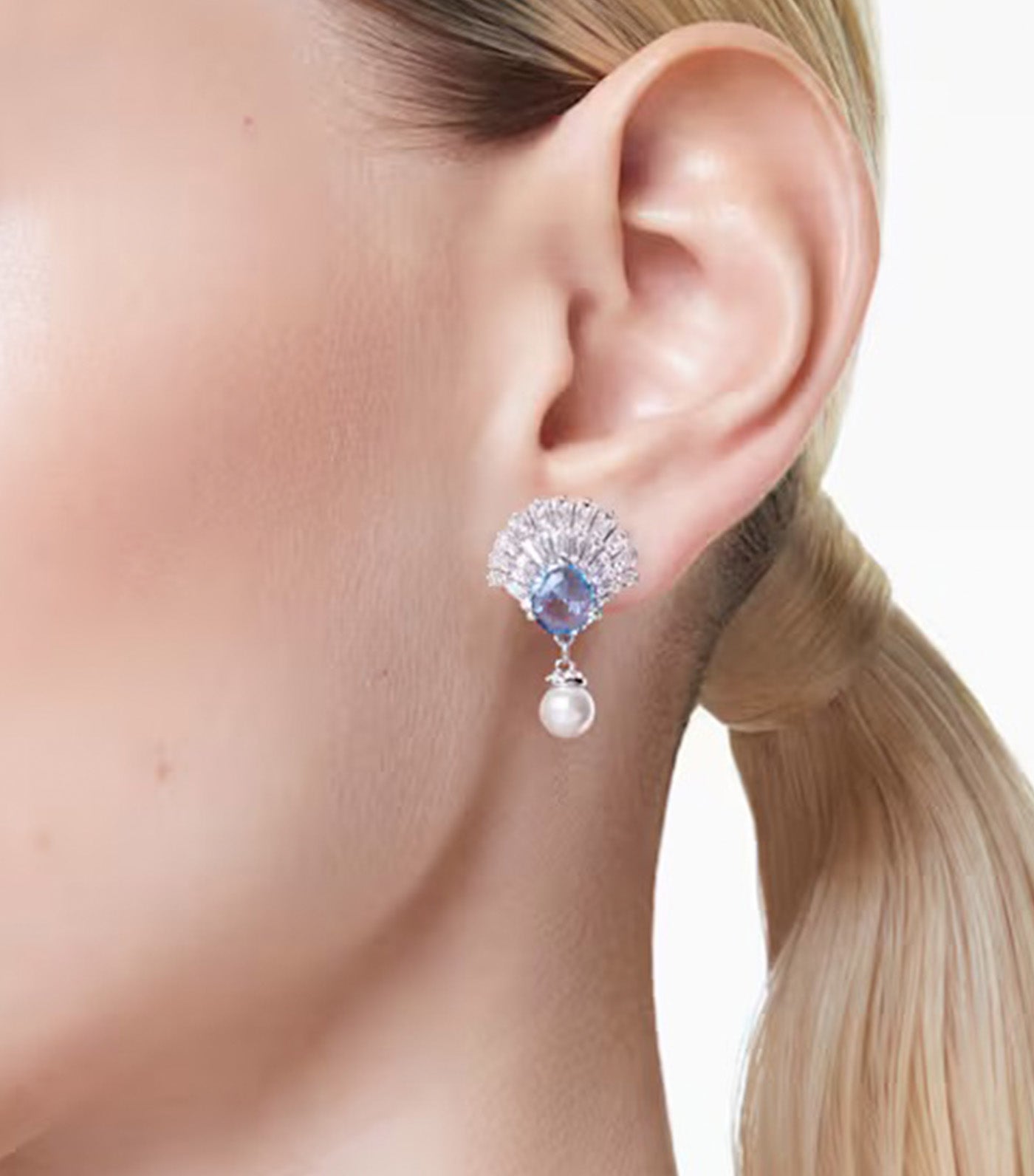 Idyllia Drop Earrings Shell, Blue, Rhodium Plated