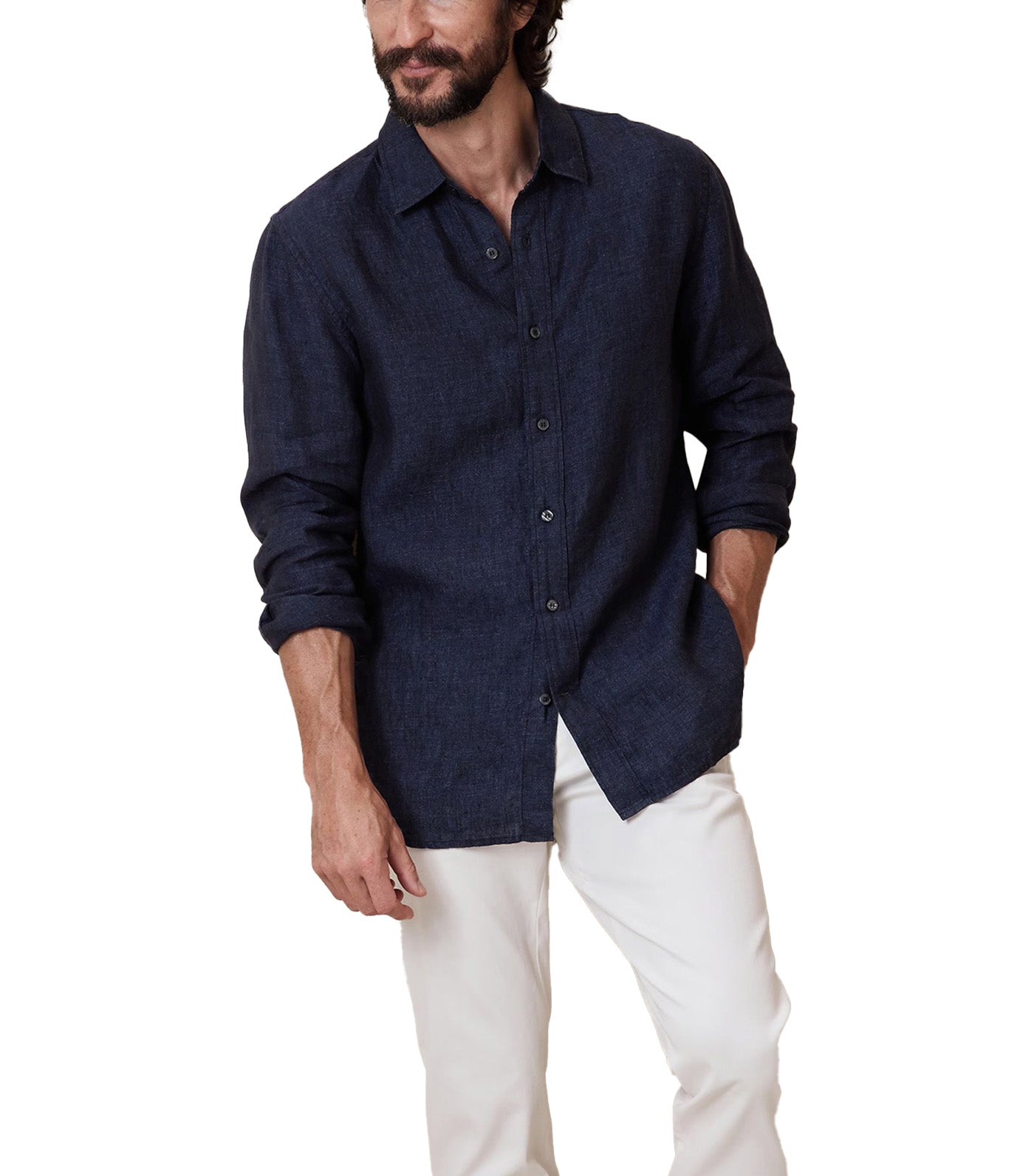 Slim Castello Linen Shirt Navy Blue