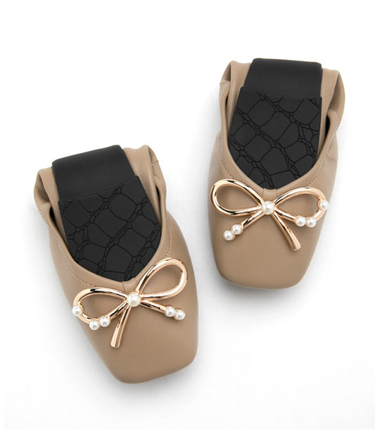 Hailey Foldable Square-Toe Bow Flats Khaki