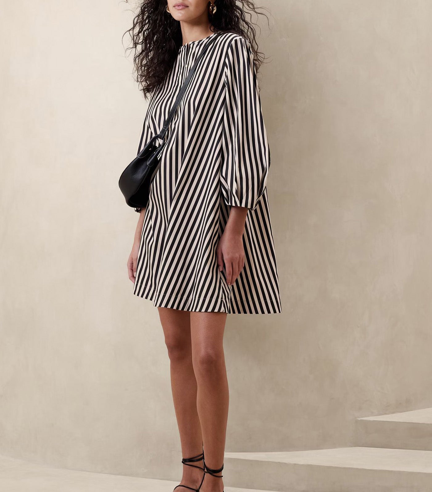 Poplin Lantern-Sleeve Mini Dress Black Stripe