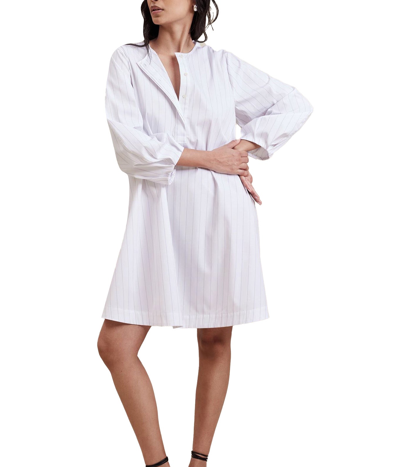 Poplin Lantern-Sleeve Mini Dress White Stripe