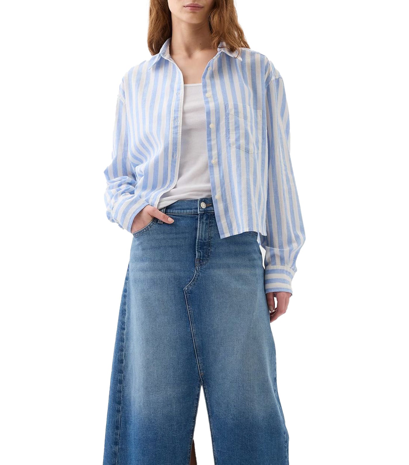 Cropped Linen-Blend Shirt Blue White Stripe