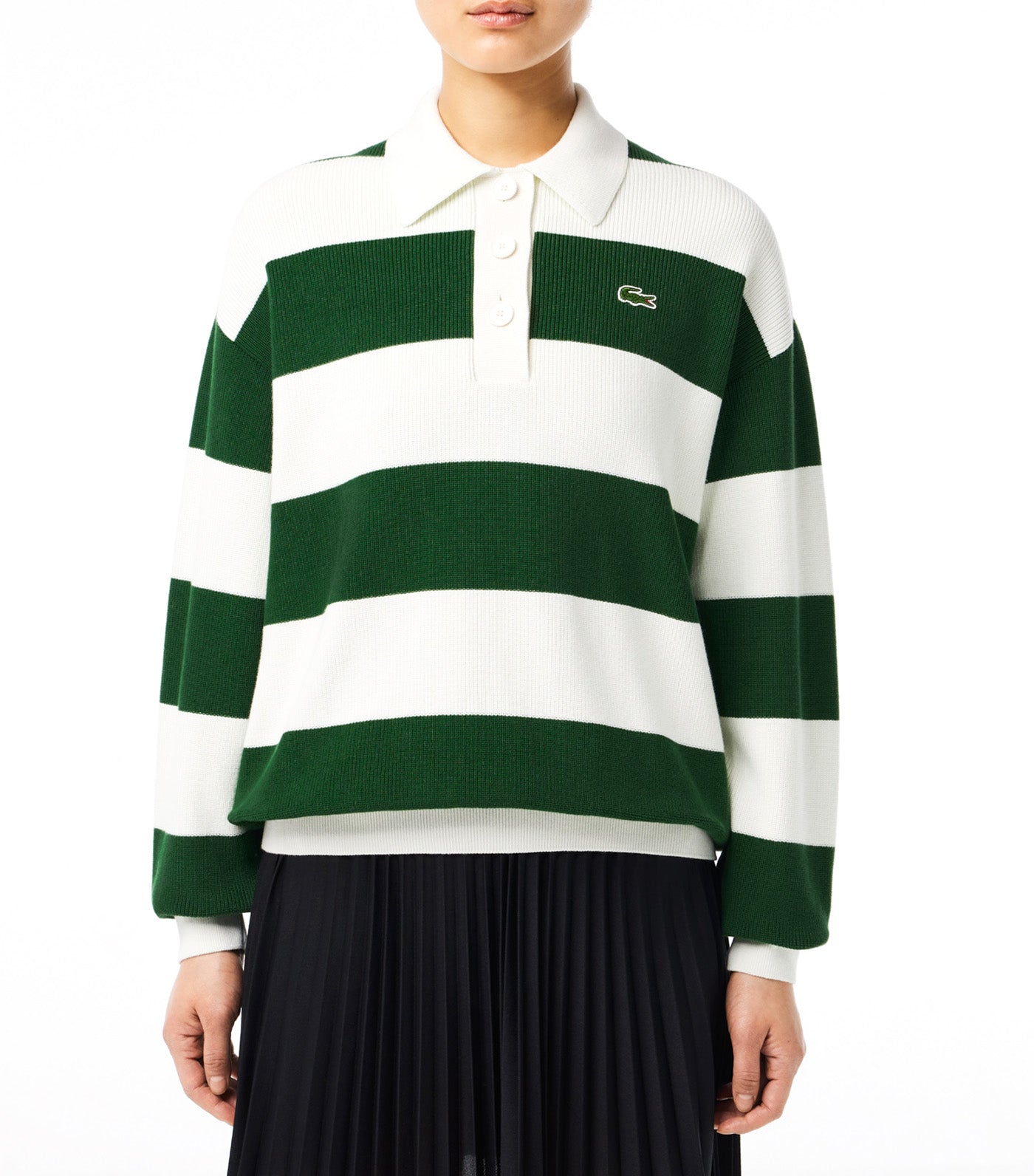 French Made Striped Rib Knit Polo Shirt Flour/Green