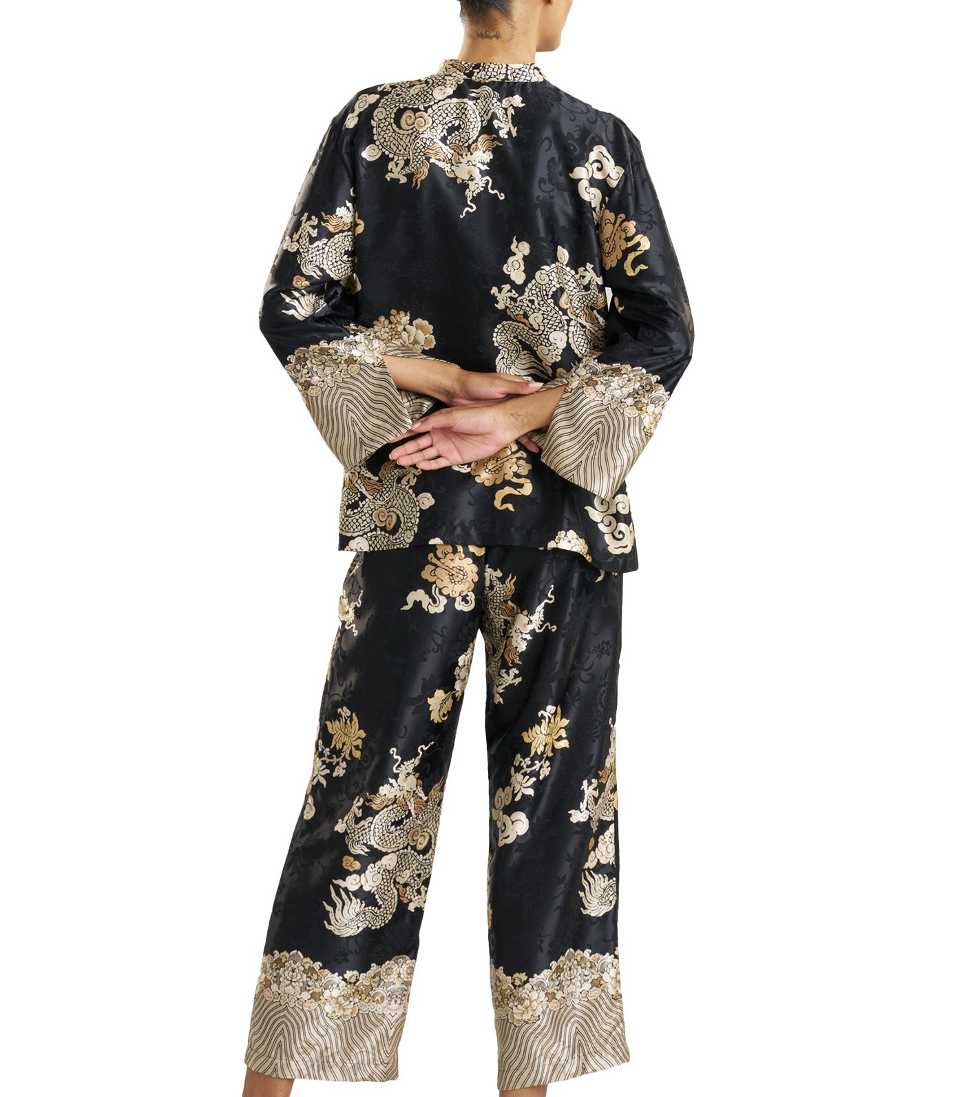 Imperial Dragon Jacquard Mandarin Pajama Set Black/Gold
