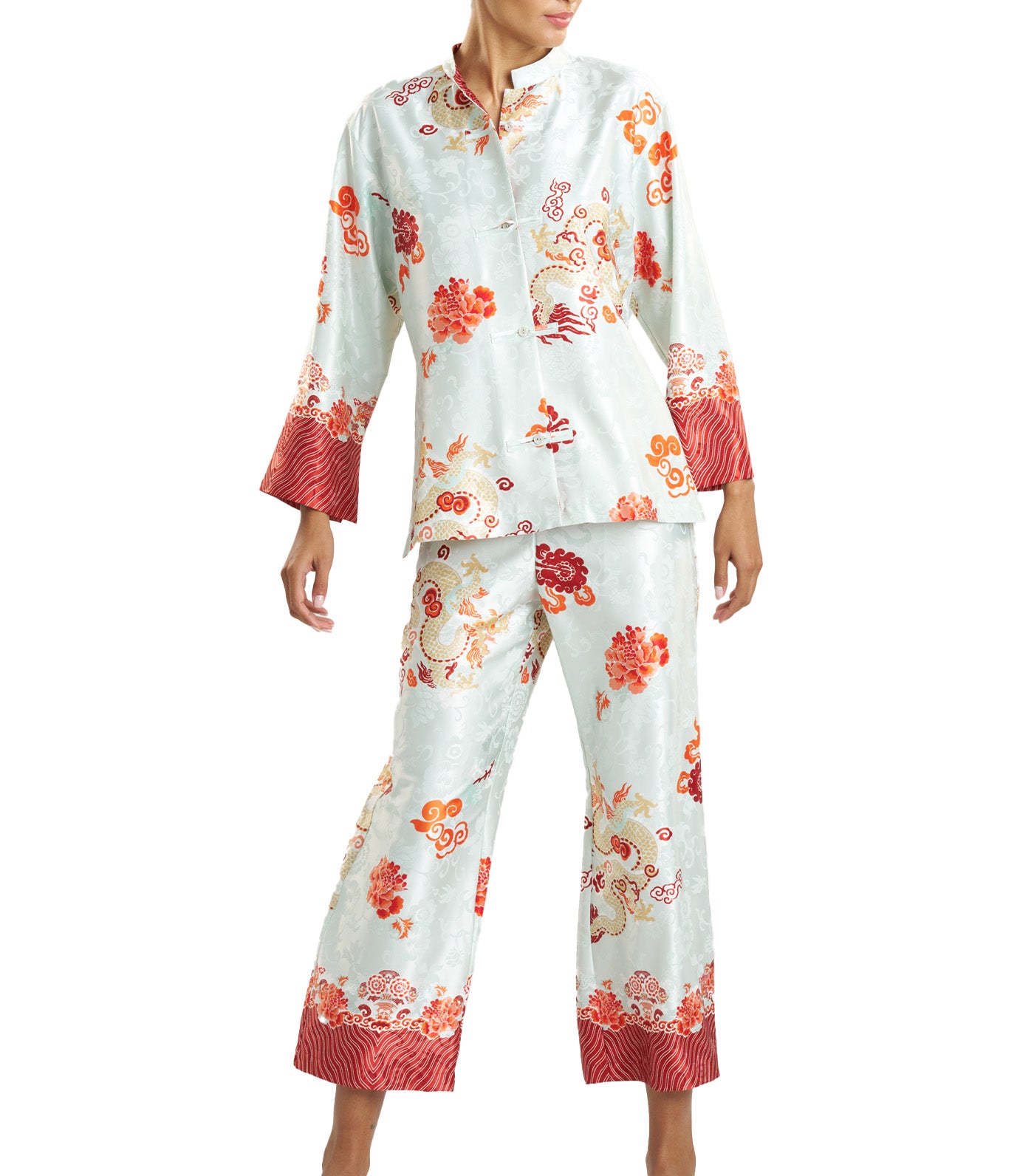 Imperial Dragon Jacquard Mandarin Pajama Set Light Aqua