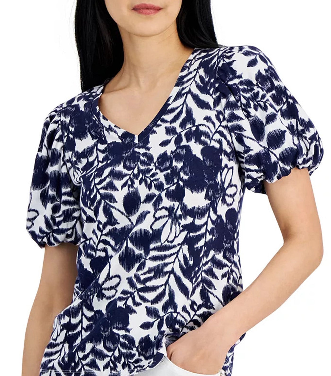 Leaf-Print Balloon-Sleeve Top Distant Mountain/Bright White