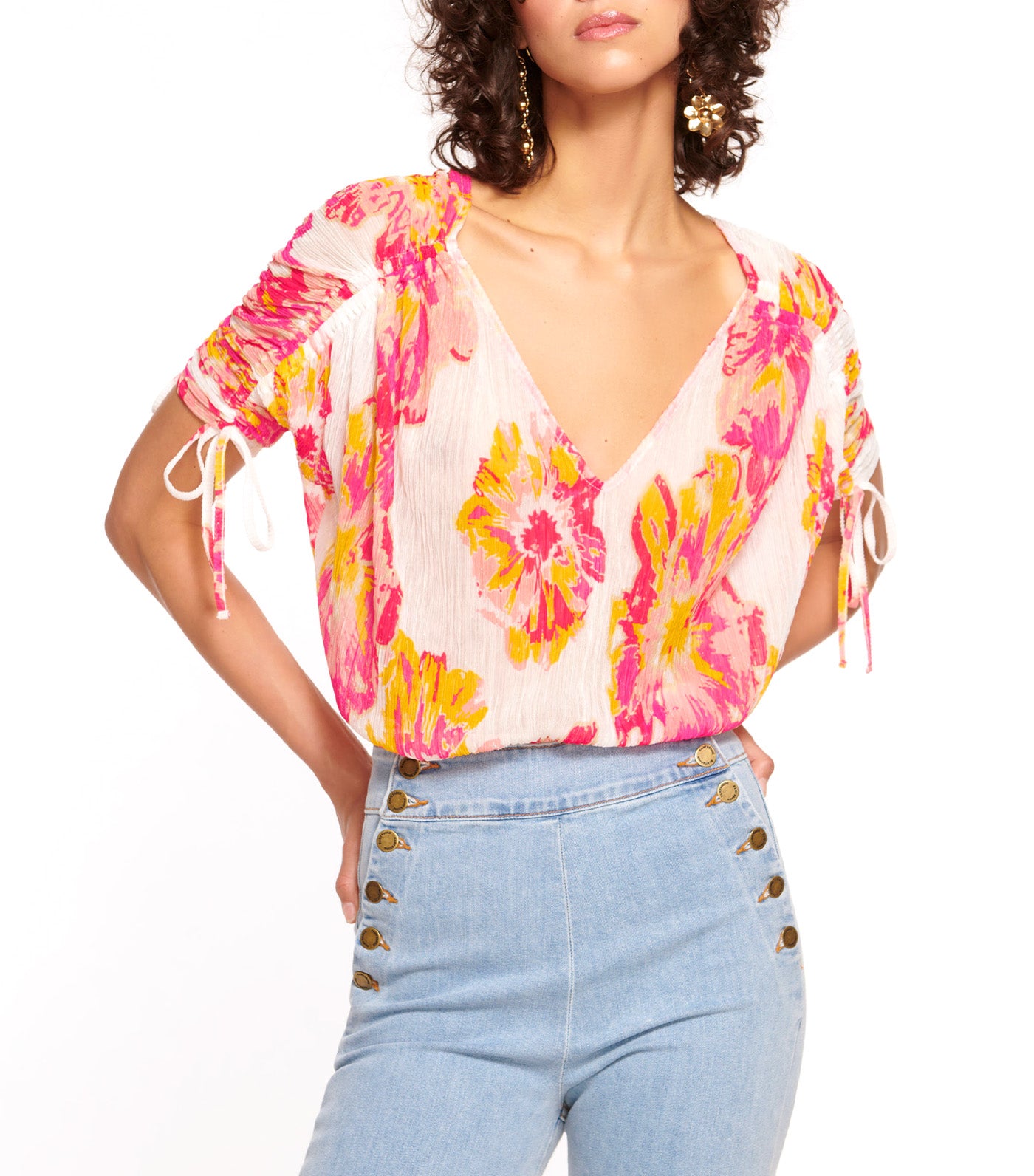 Frances Short Sleeve V-Neck Blouse Pink Punch Floral