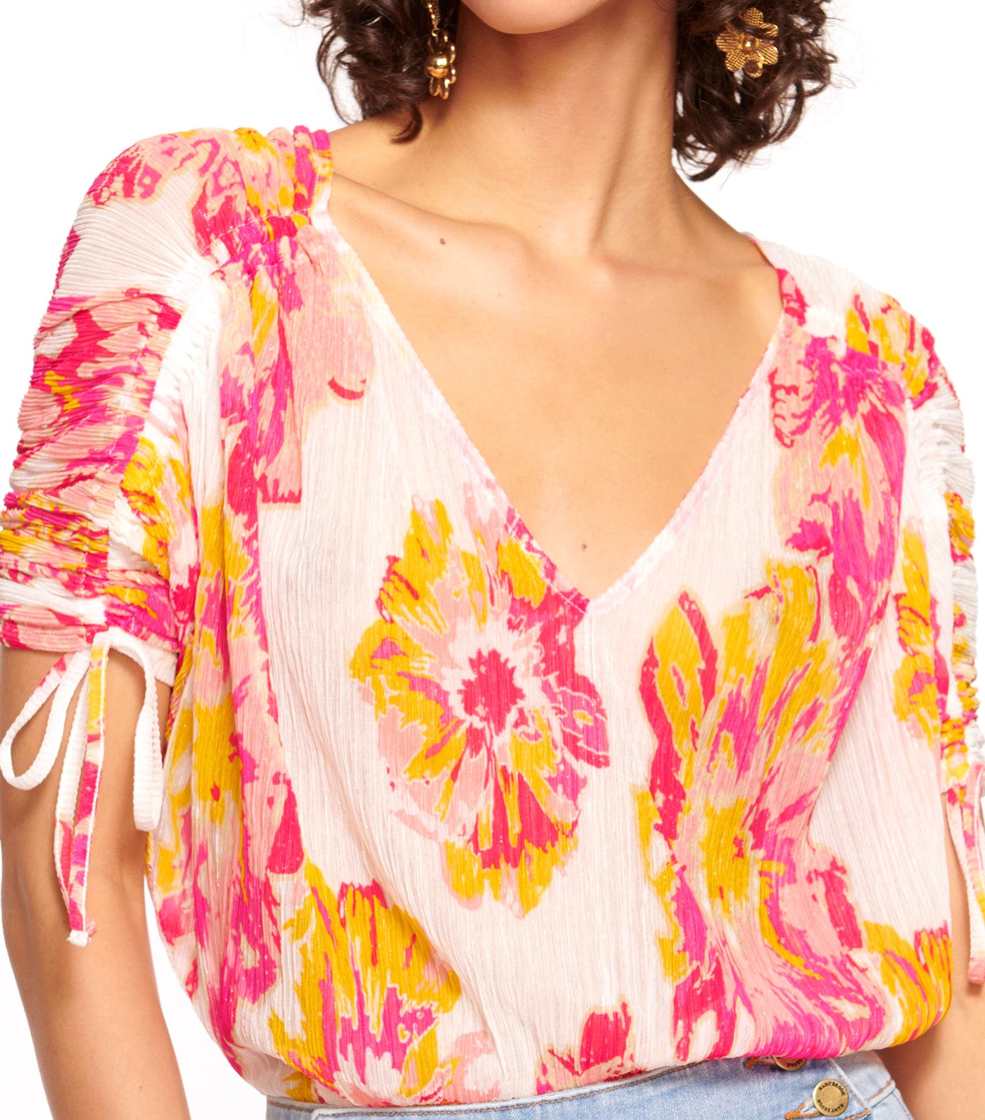 Frances Short Sleeve V-Neck Blouse Pink Punch Floral