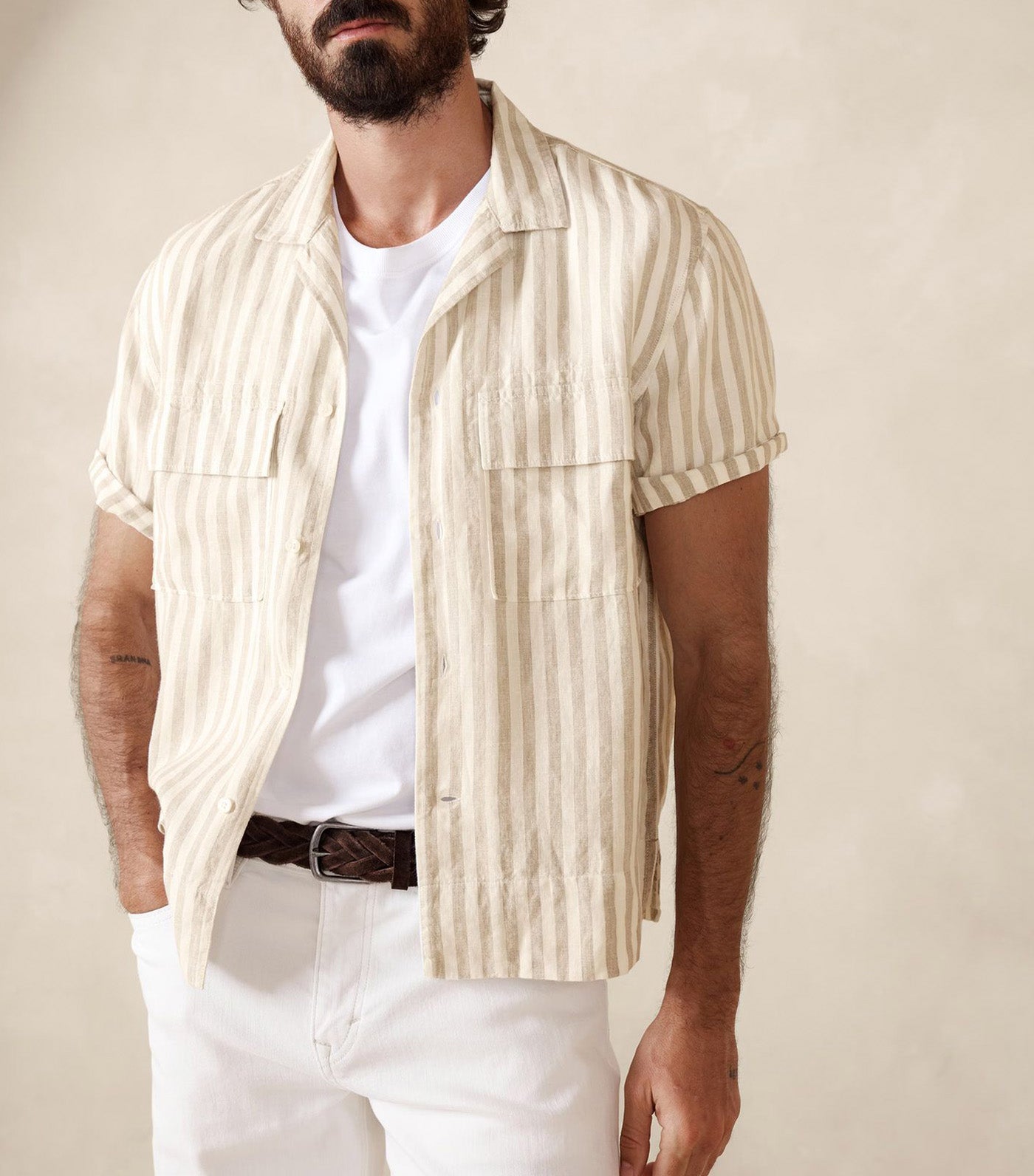 Linen Resort Shirt Beige Stripe