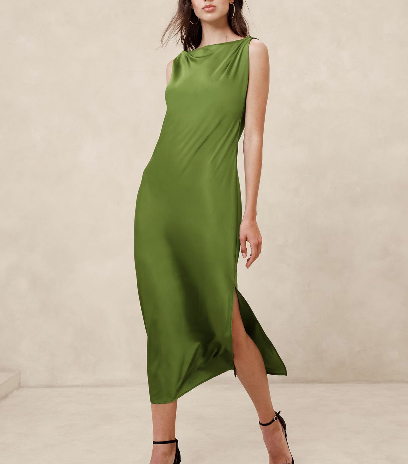 Satin Twist-Shoulder Maxi Dress Bamboo Shoot