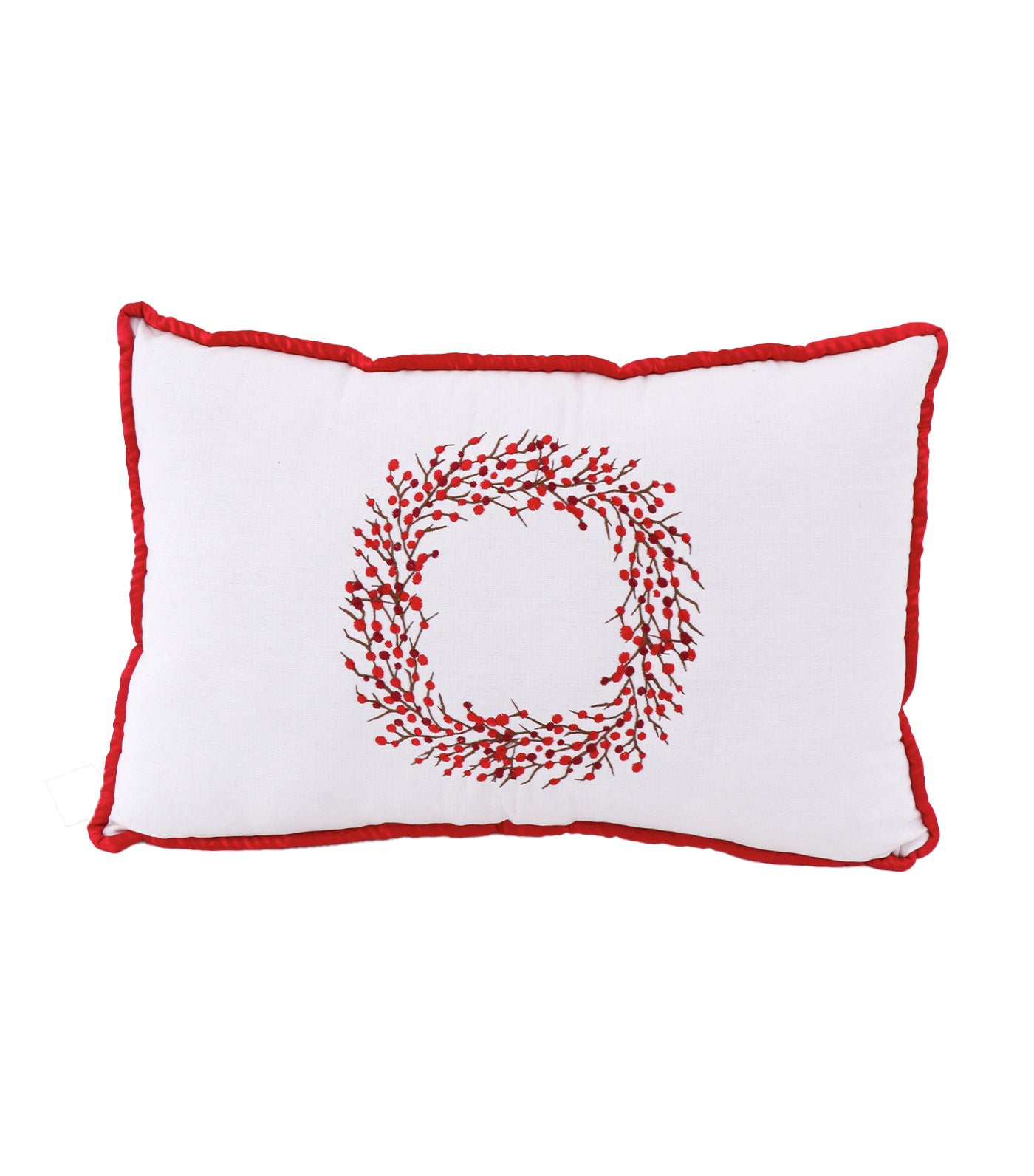 Wreath Pillow Red Emb 11X17 W/ Red Piping