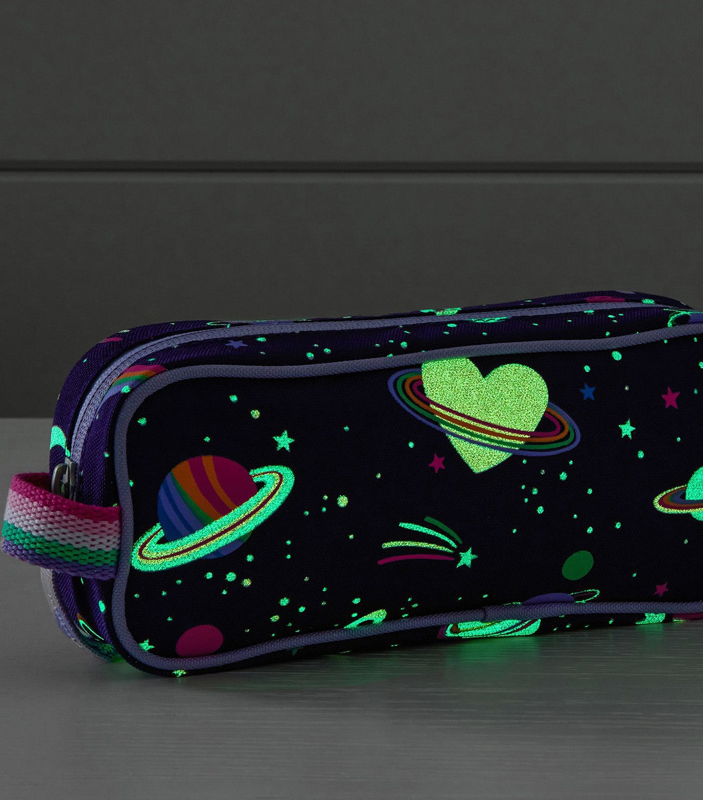 Mackenzie Rainbow Heart Galaxy Glow-in-the-Dark Pencil Case Purple