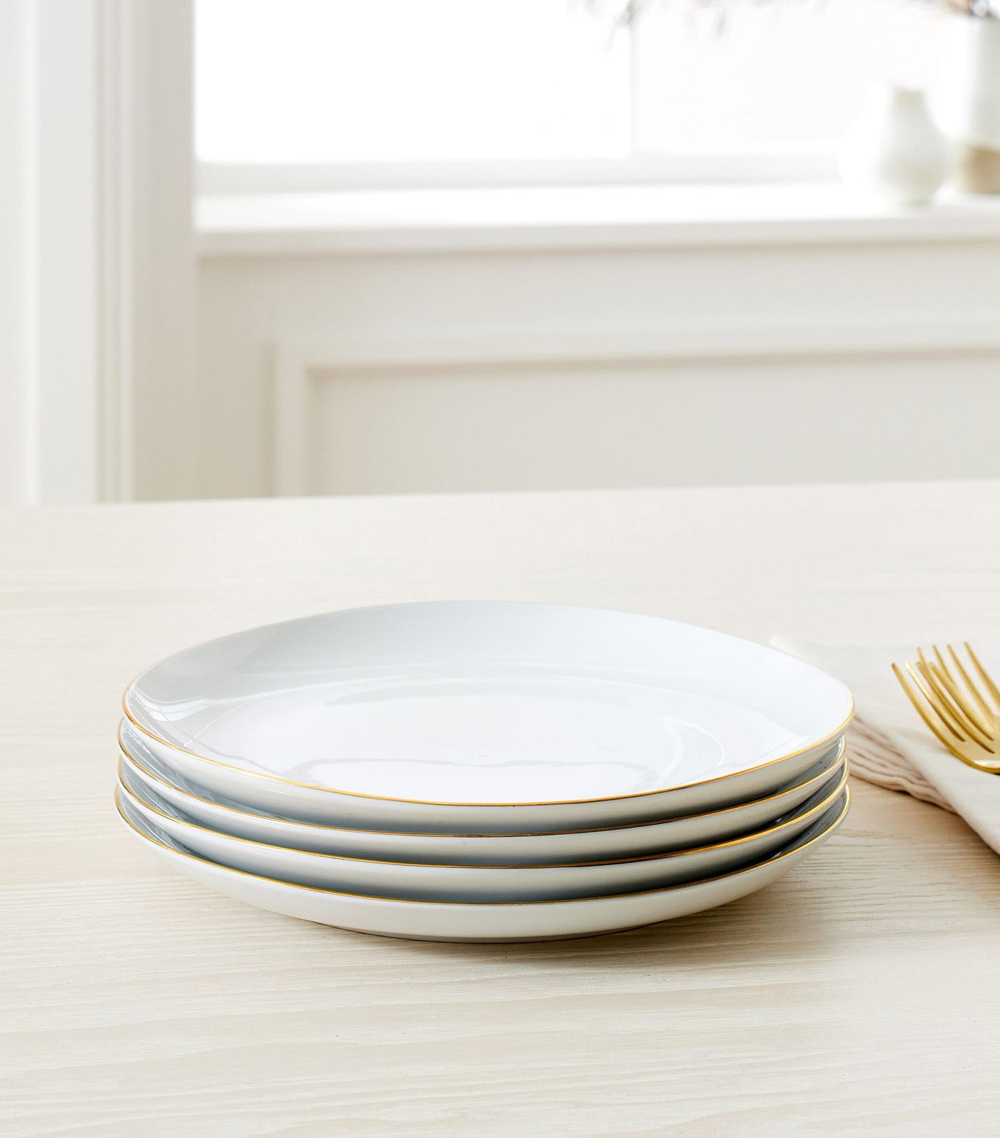 Organic Shaped Dinnerware Collection - Gold Rimmed White, Set of 4