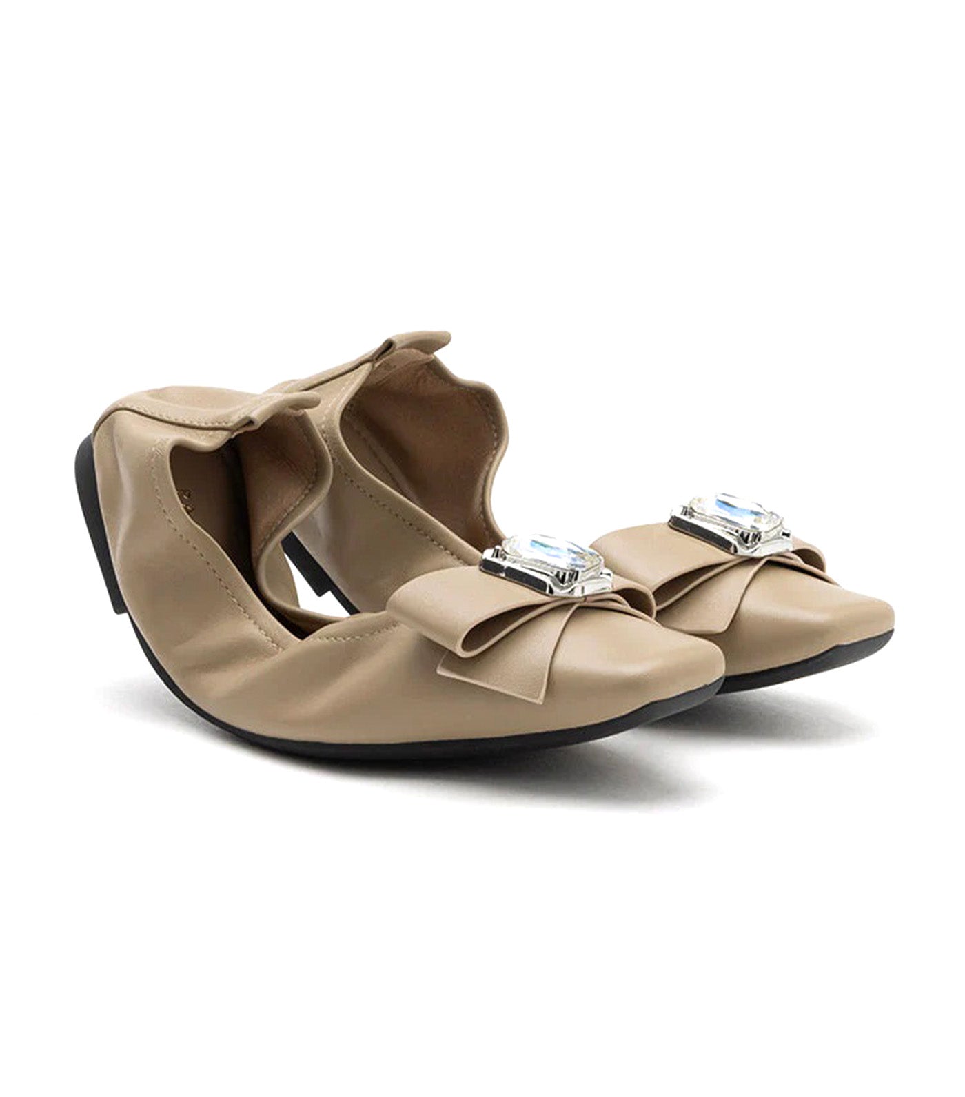 Noelle Diamante Bow Foldable Flats Khaki