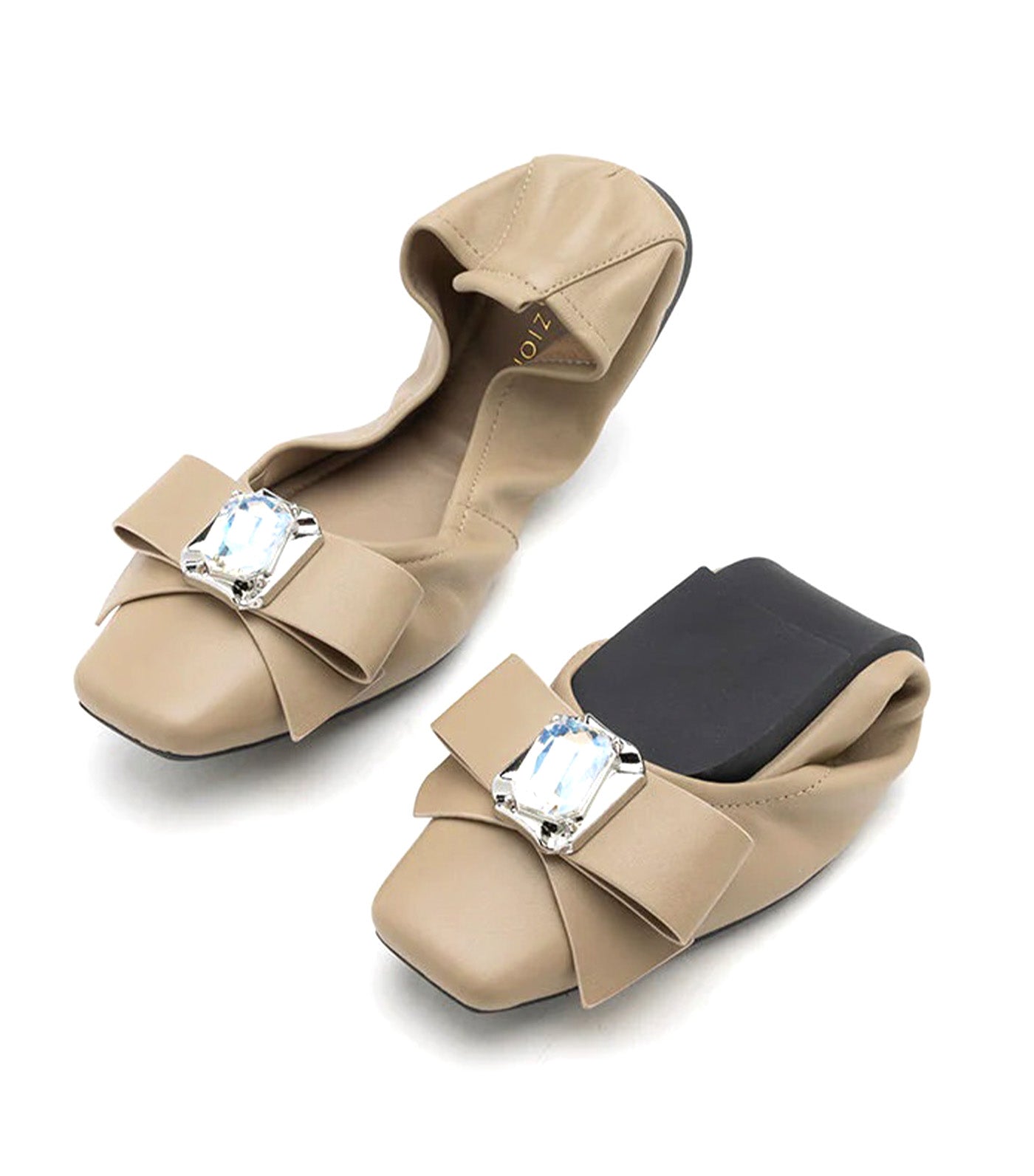 Noelle Diamante Bow Foldable Flats Khaki