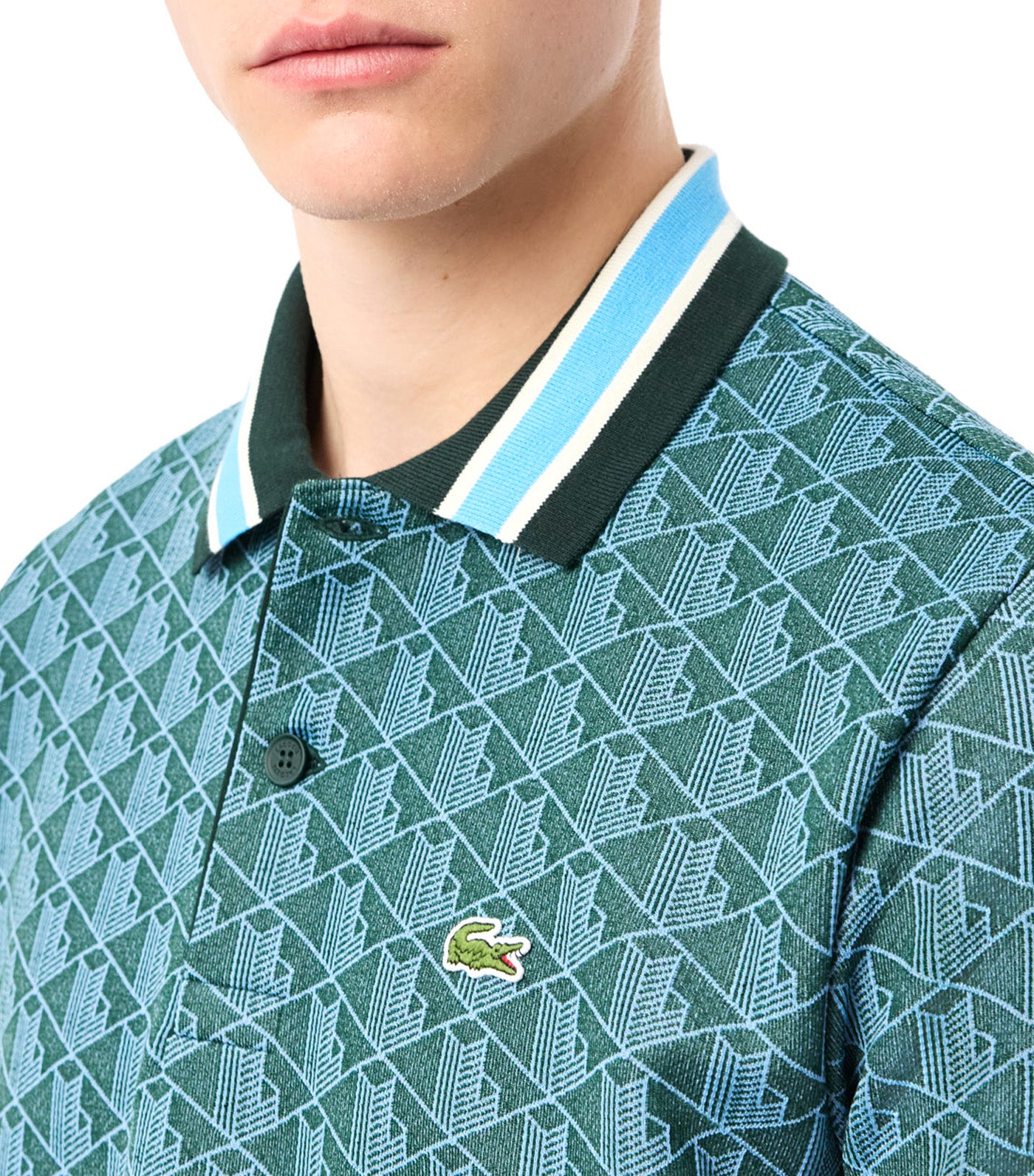 Classic Fit Contrast Collar Monogram Motif Polo Shirt Green/Argentine Blue