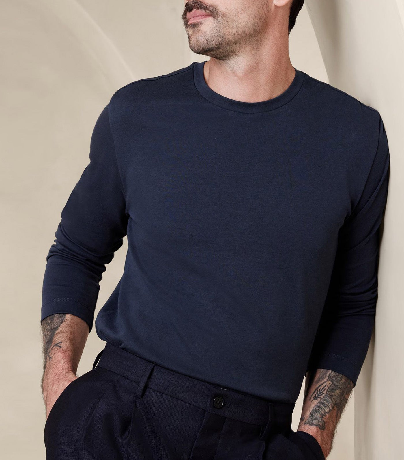 Luxury-Touch Long-Sleeve T-Shirt Navy Blue