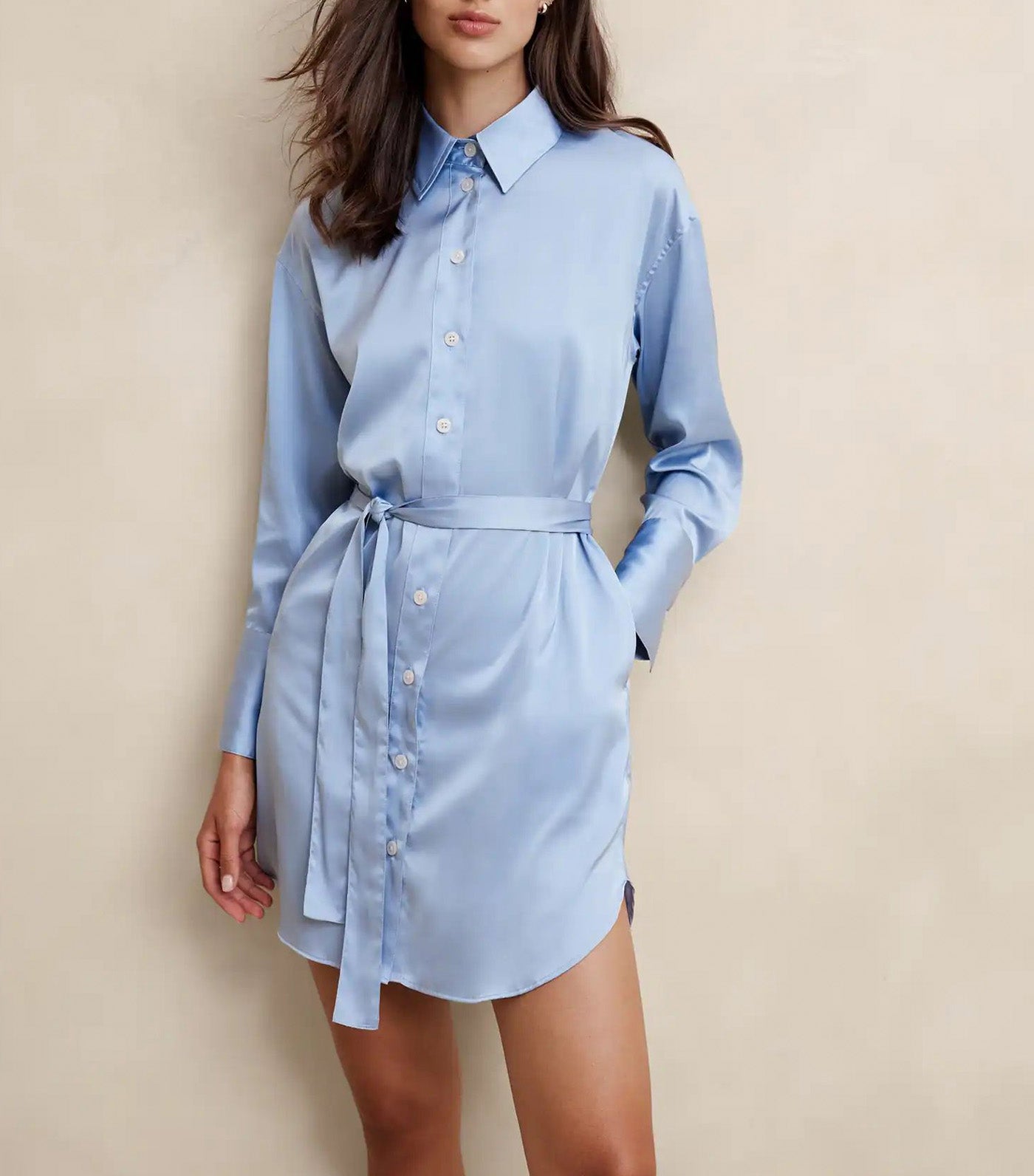 Satin Mini Shirtdress Crisp Water