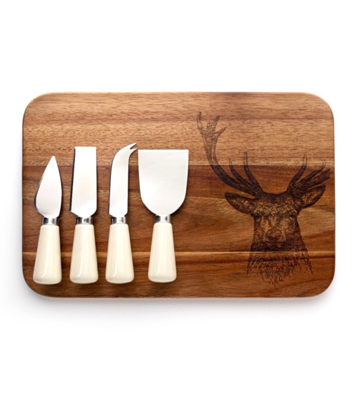 Four Piece Cheese Knife and Laser Engraved Board Set Stag