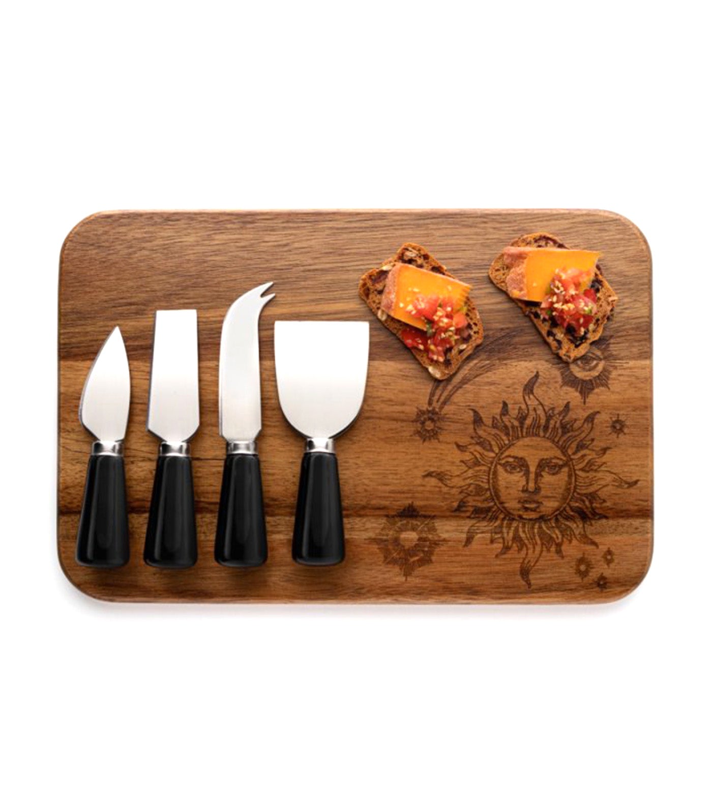 Four Piece Cheese Knife and Laser Engraved Board Set Mystic