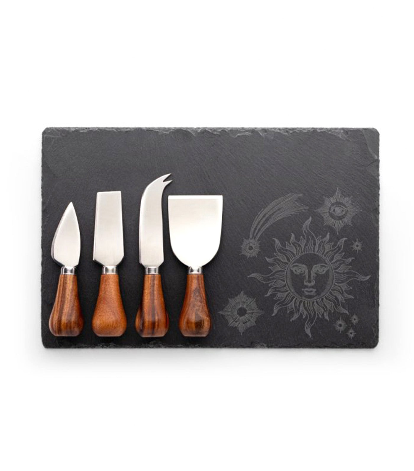 Four Piece Acacia Cheese Knife and Laser Engraved Cheese Board Set Mystic