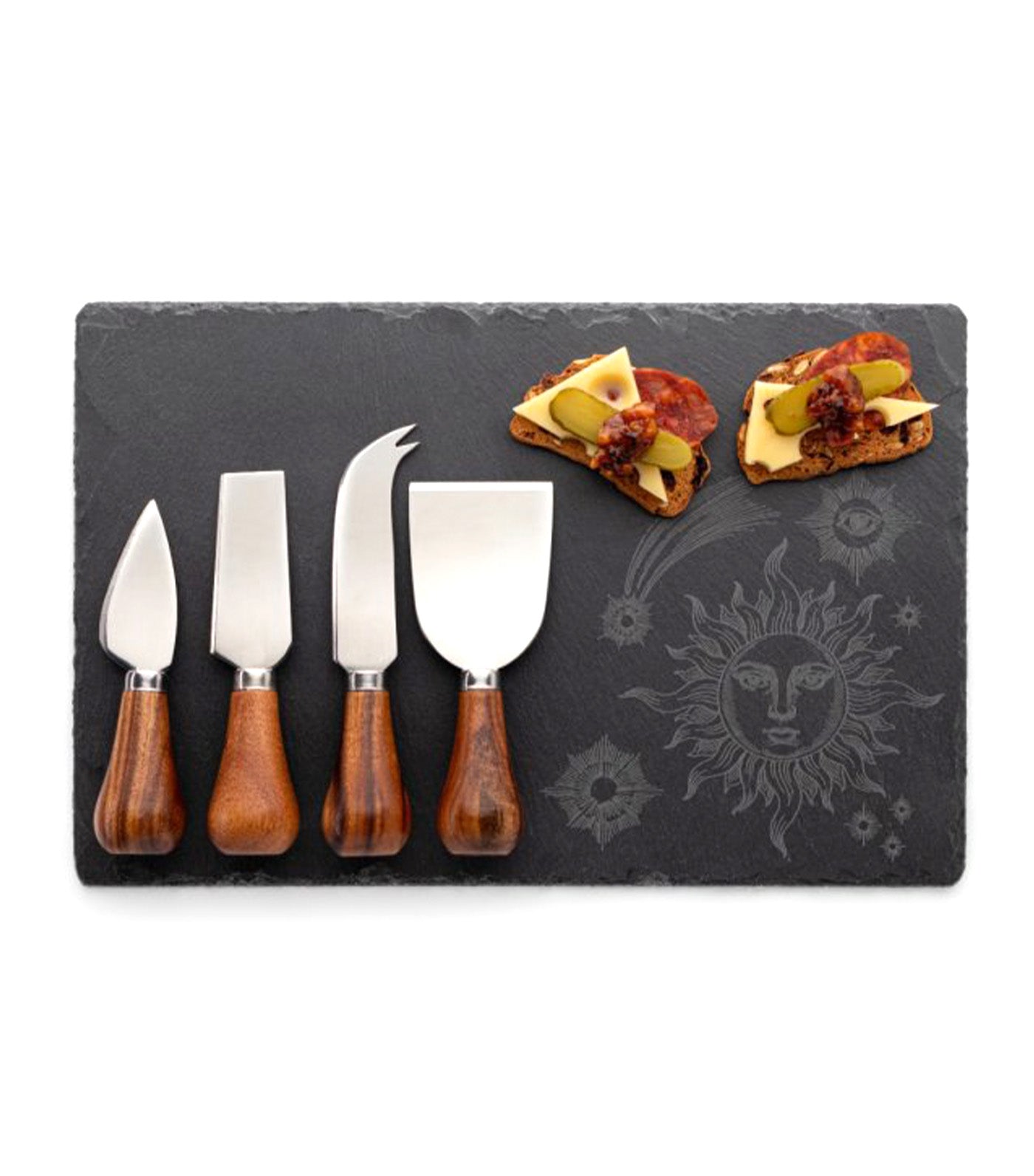 Four Piece Acacia Cheese Knife and Laser Engraved Cheese Board Set Mystic