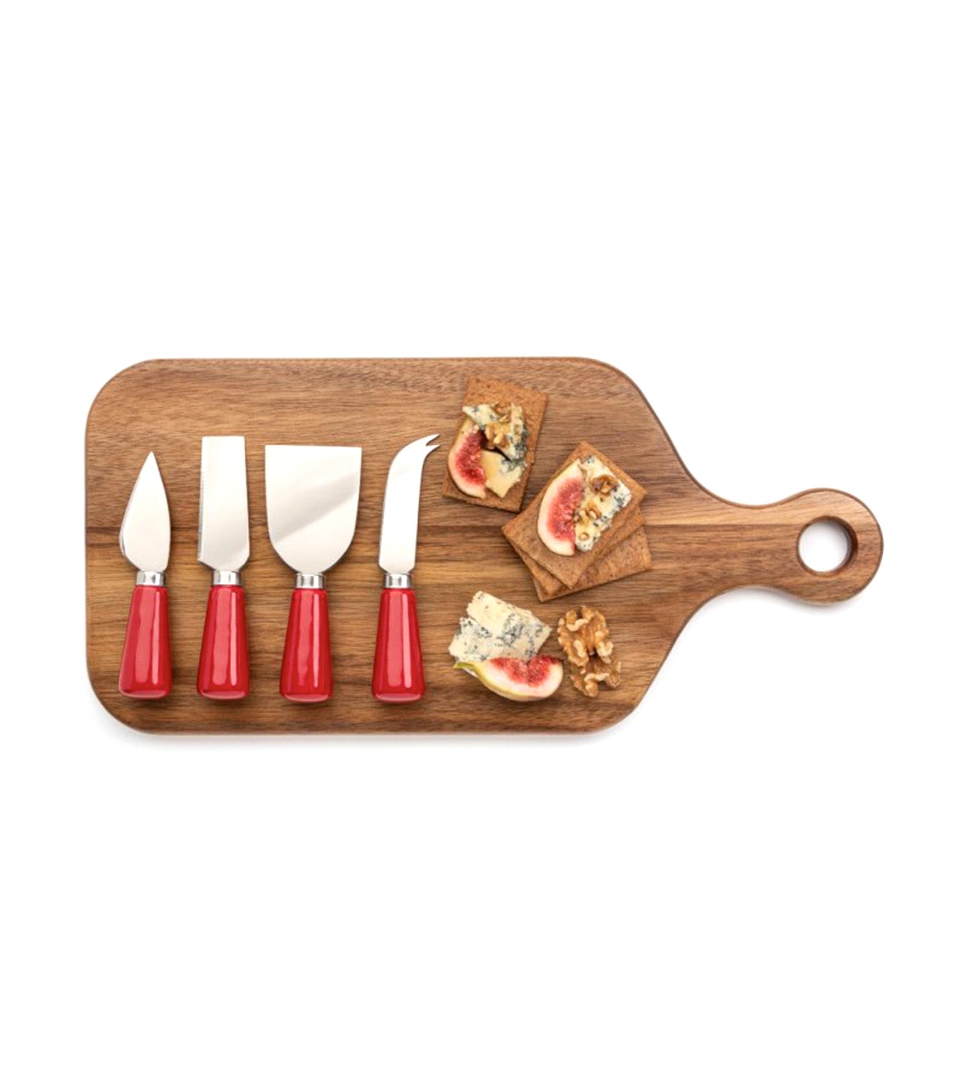 Four Piece Red Ceramic Cheese Knife & Acacia Wood Charcuterie Board Set