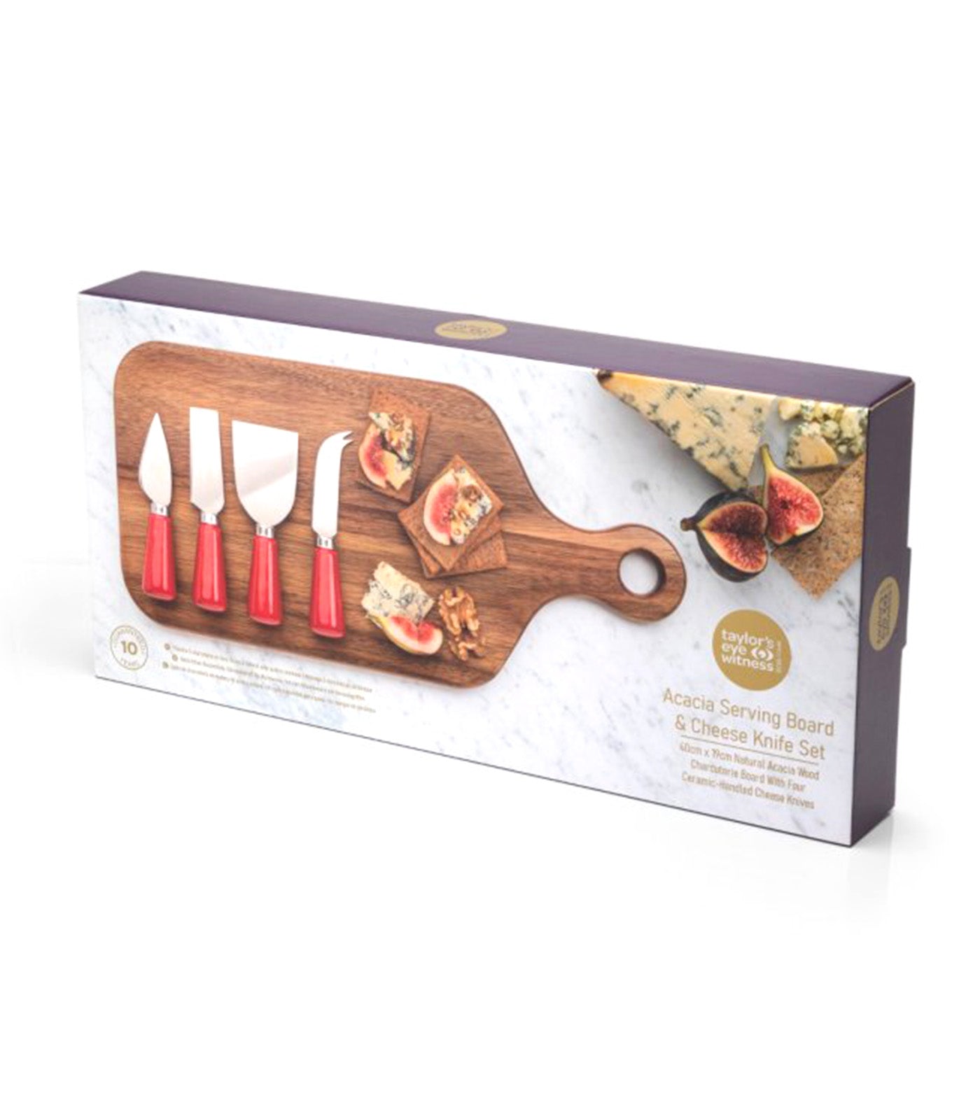 Four Piece Red Ceramic Cheese Knife & Acacia Wood Charcuterie Board Set