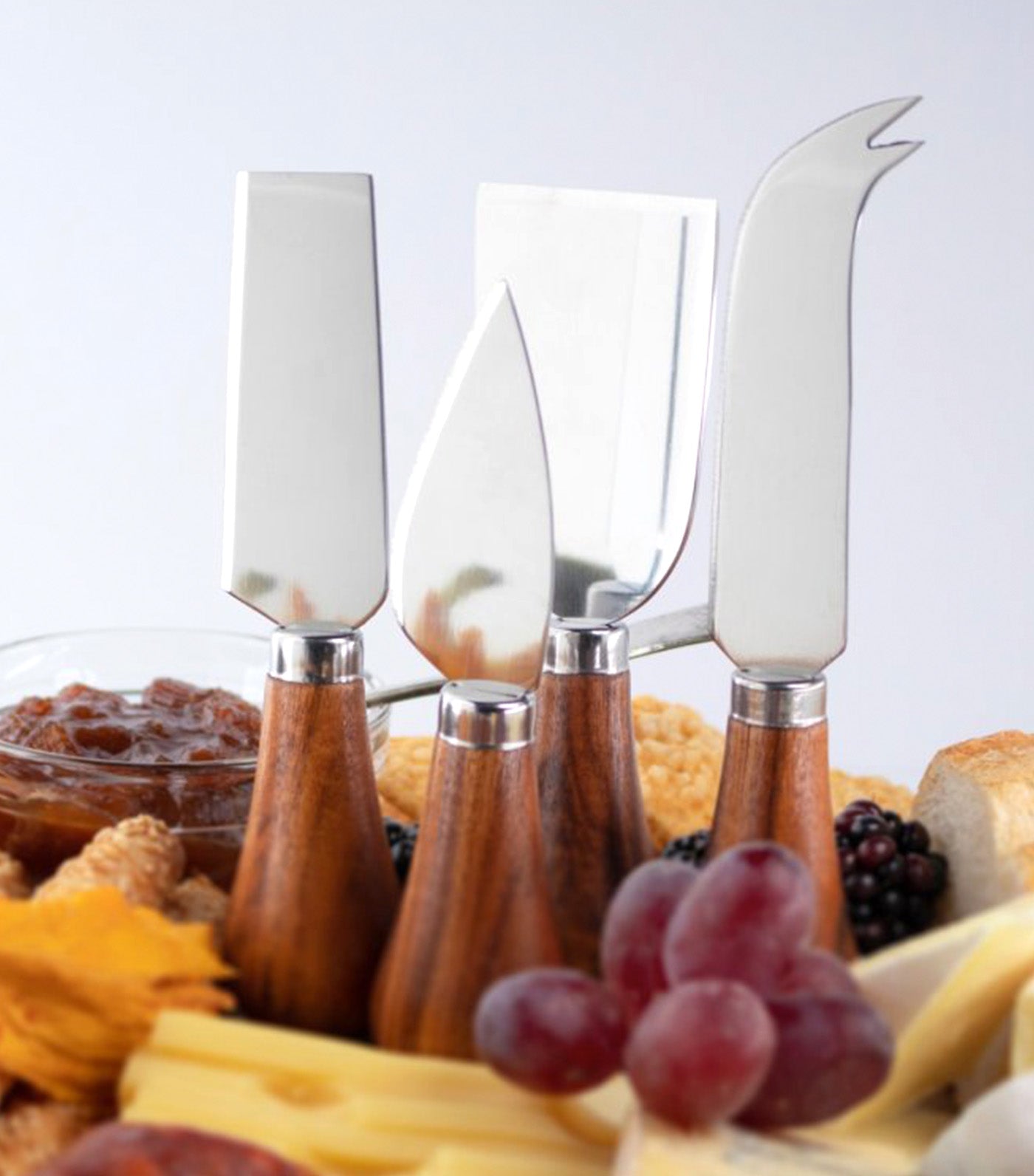 Four Piece Acacia Wood Cheese Knife & Round Charcuterie Board Set