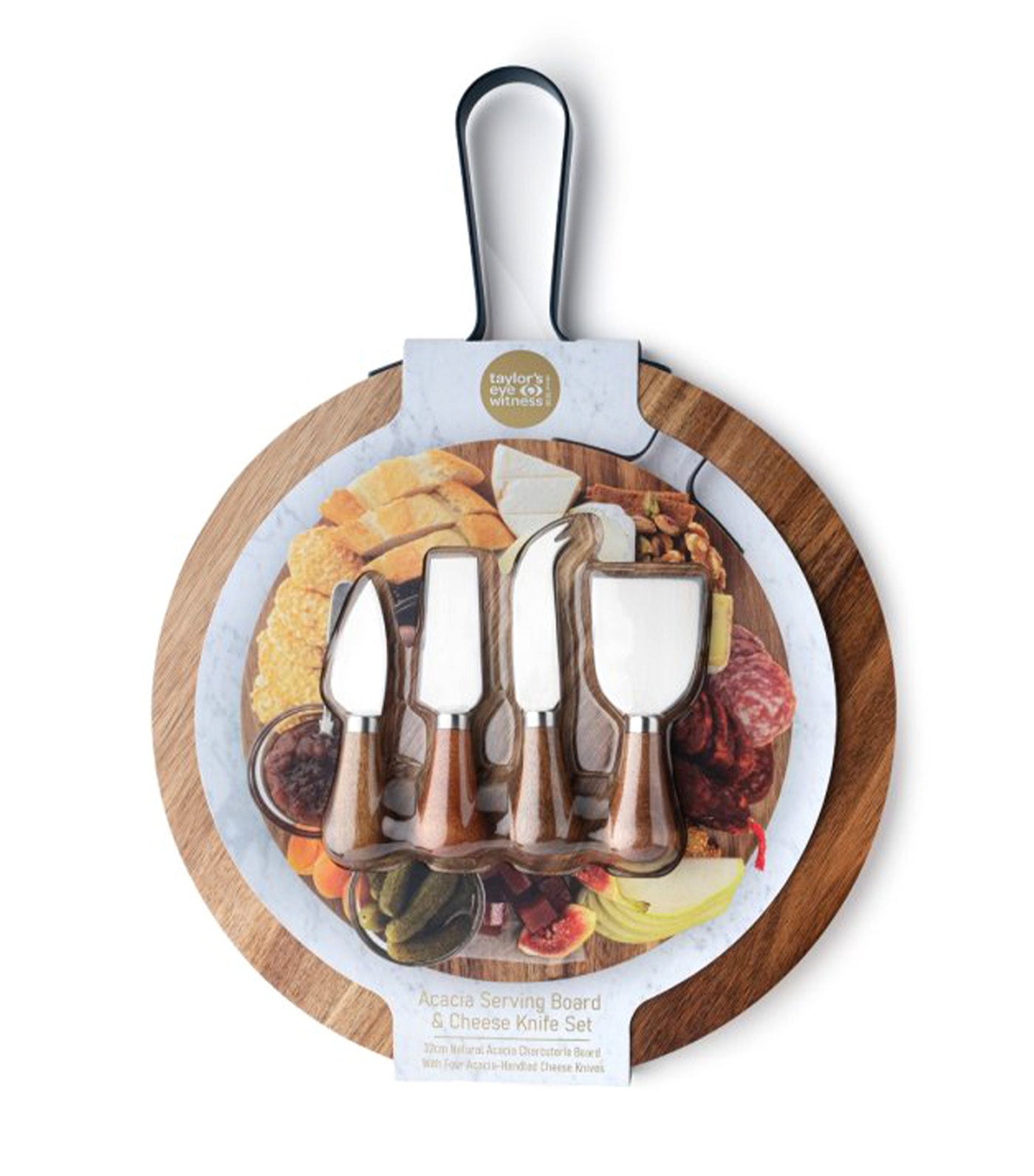 Four Piece Acacia Wood Cheese Knife & Round Charcuterie Board Set