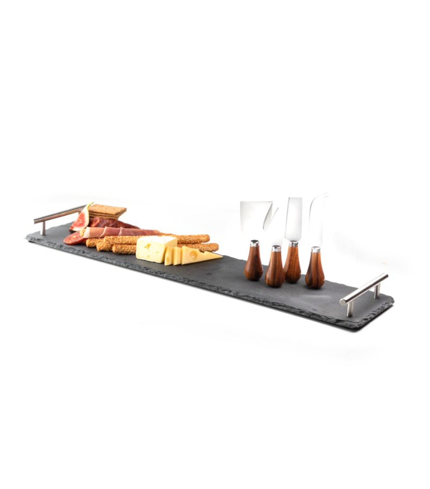 Four Acacia Cheese Knives & Slate Charcuterie Board with Stainless Steel Handles