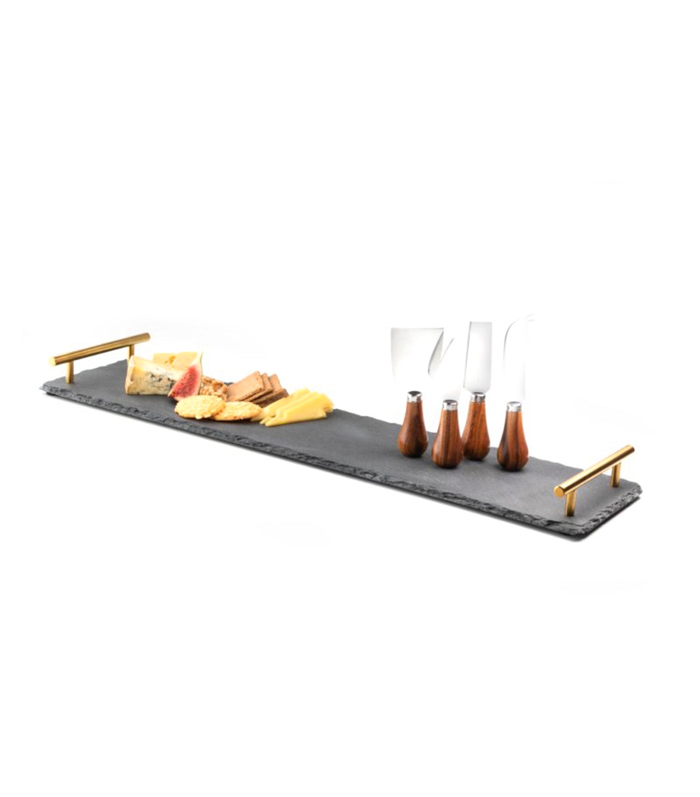 Four Acacia Cheese Knives & Slate Charcuterie Board with Golden Handles