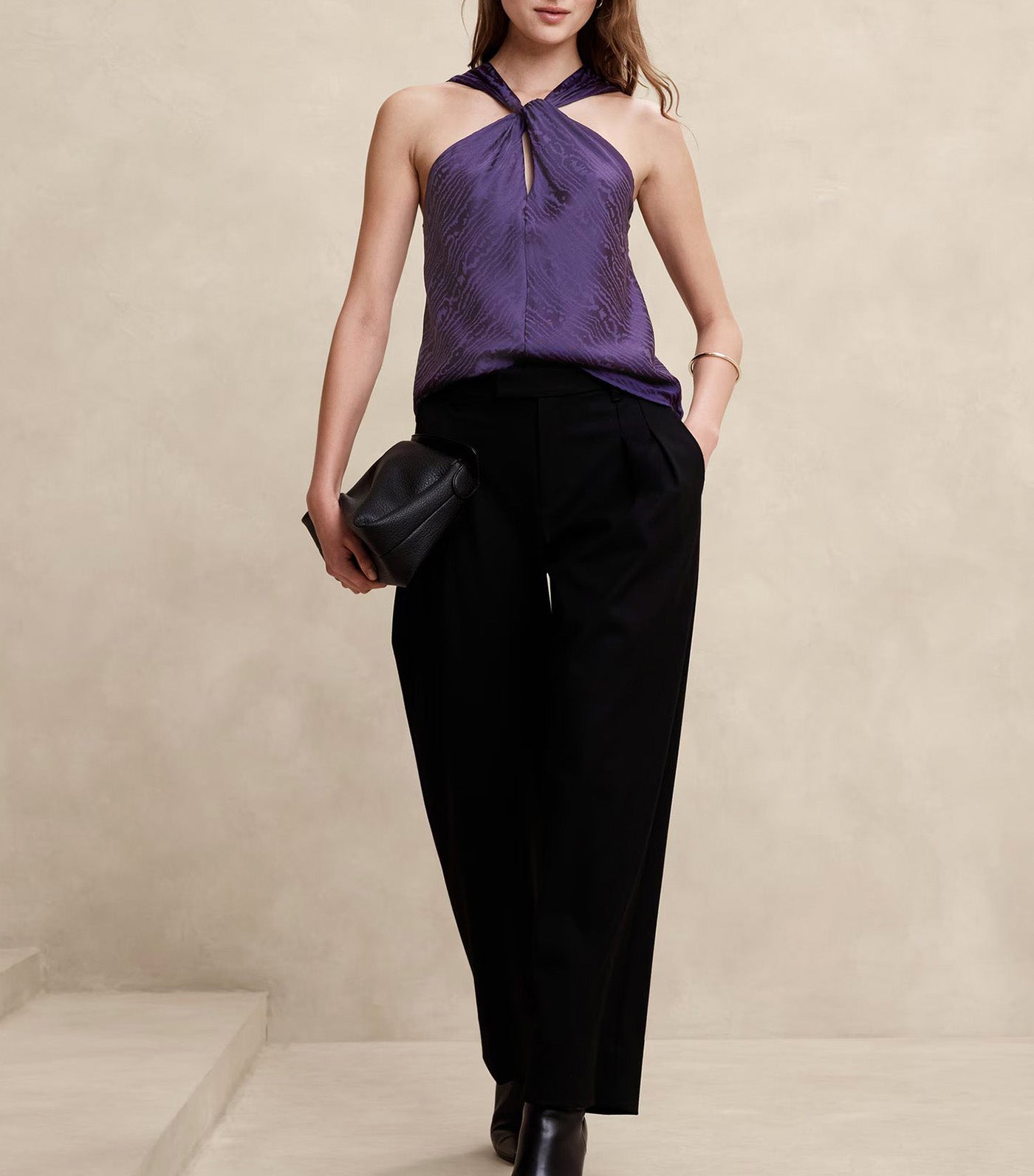 Silky Twist-Front Halter Blouse Purple