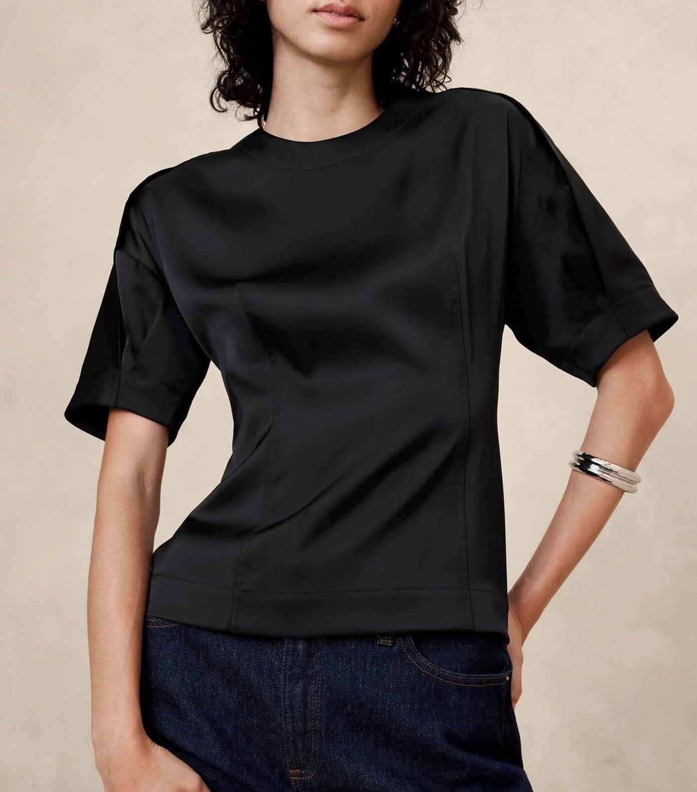 Double Satin Seamed Blouse Black