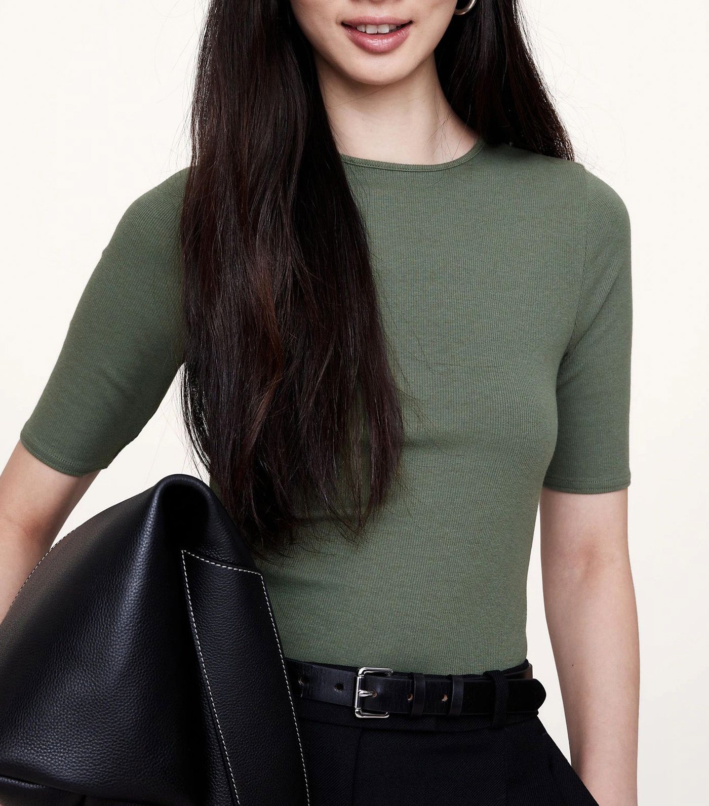 Ribbed Elbow-Sleeve T-Shirt Green Nori