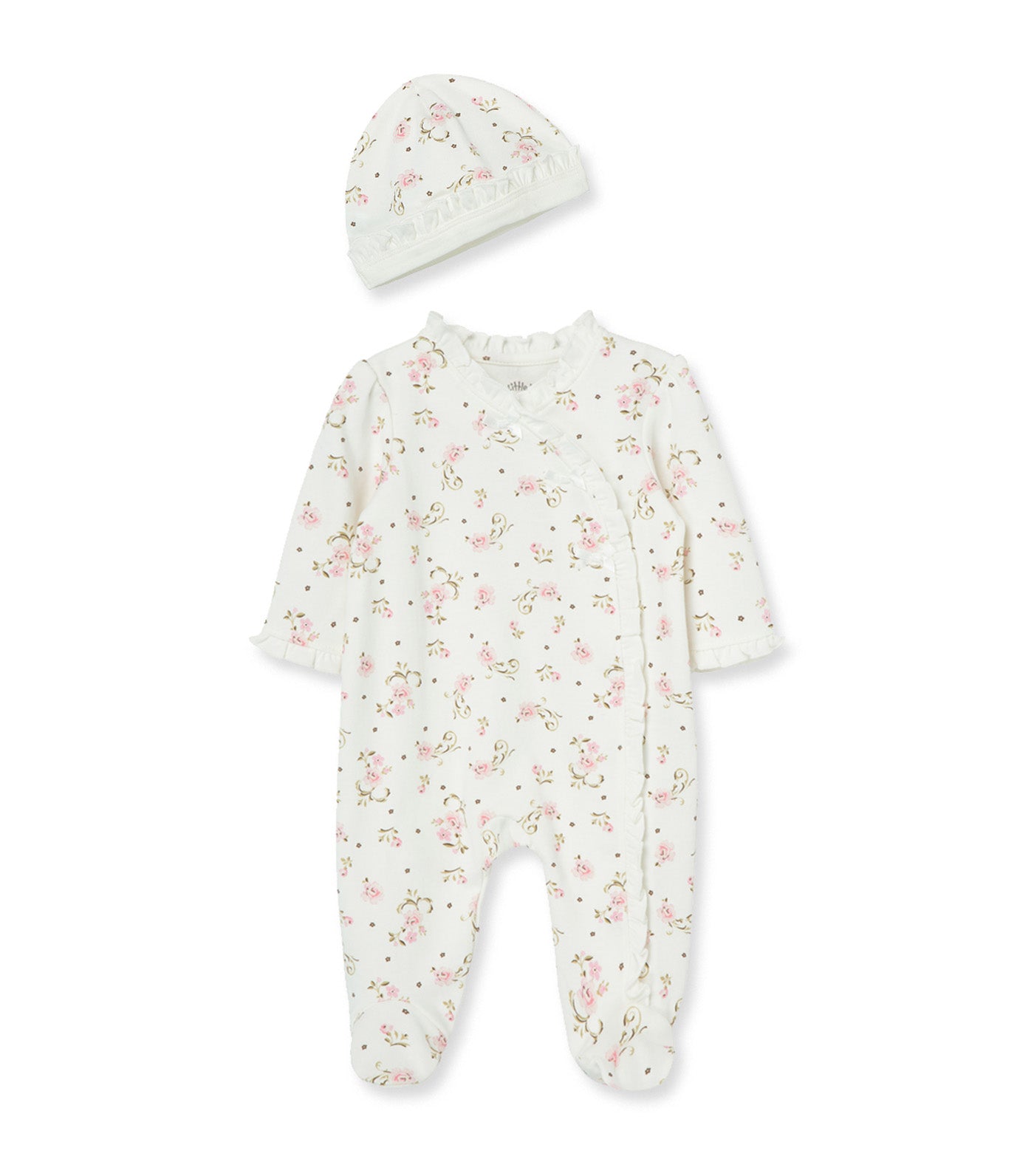 Vintage Rose Footie & Hat Ivory Print